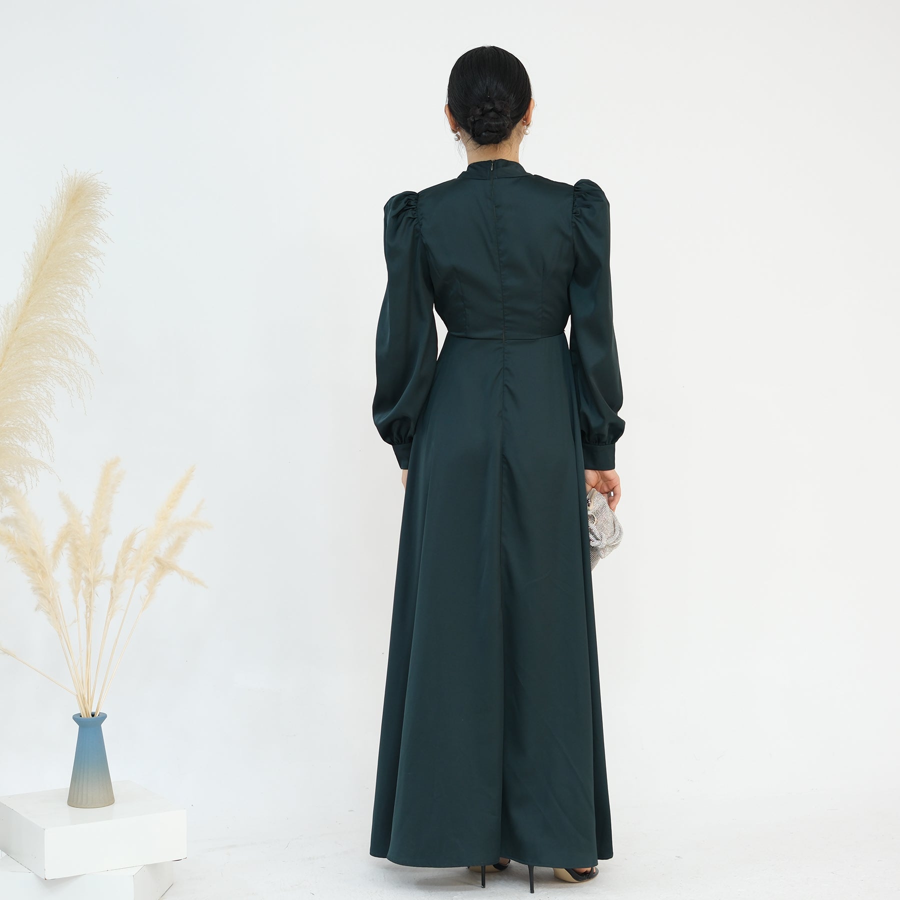 LIMITED EDITION - LUJAIN Premium Satin High-Neck Non-Sheer Embellished Waist Evening Dress - Emerald