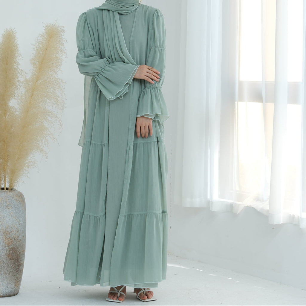 HAYAT Premium Chiffon Long Sleeve Outer and Long Sleeve Inner Abaya Dress Set - Mint