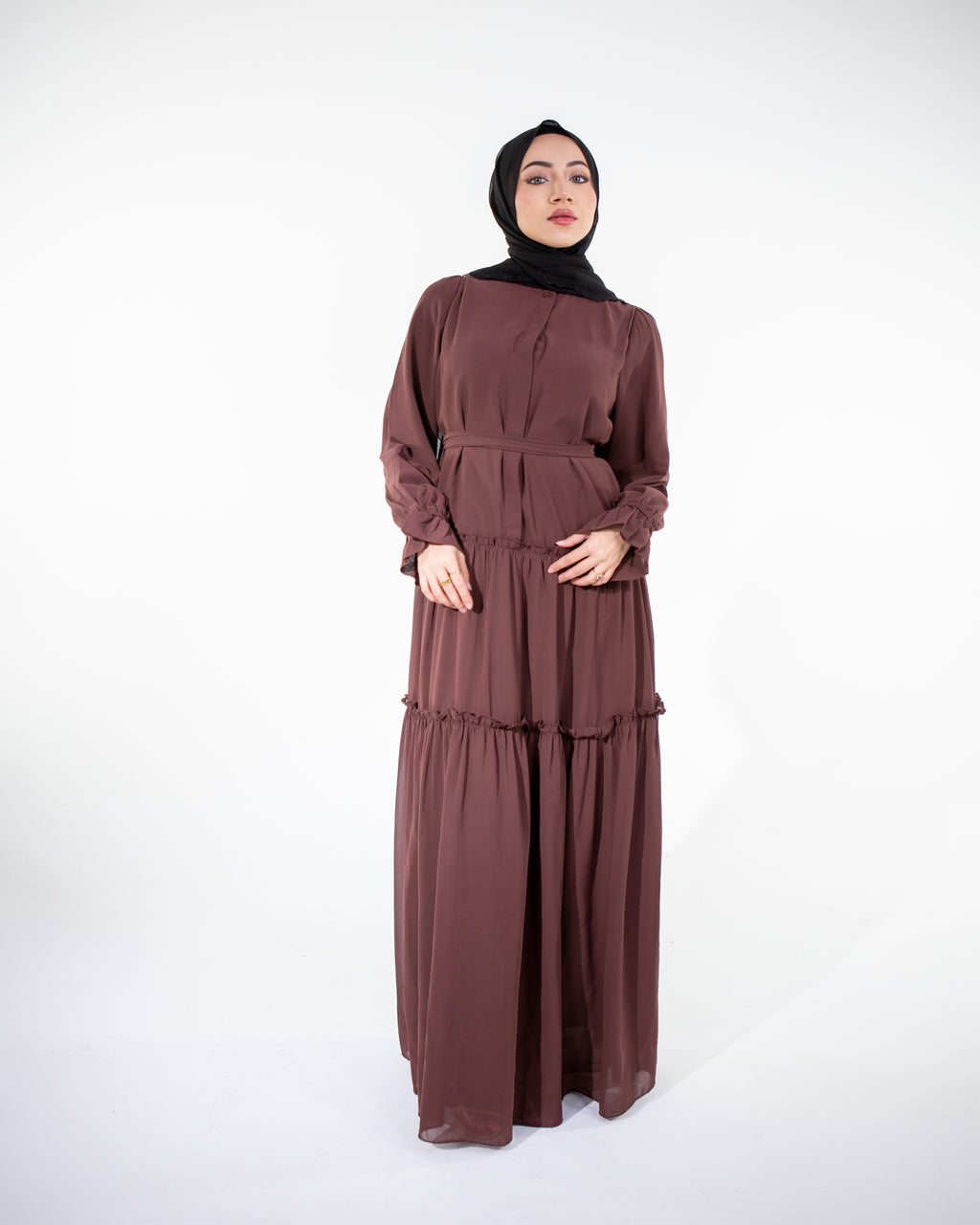 LAYLA Premium Chiffon High-Neck Fully Lined tiered maxi dress - Brown