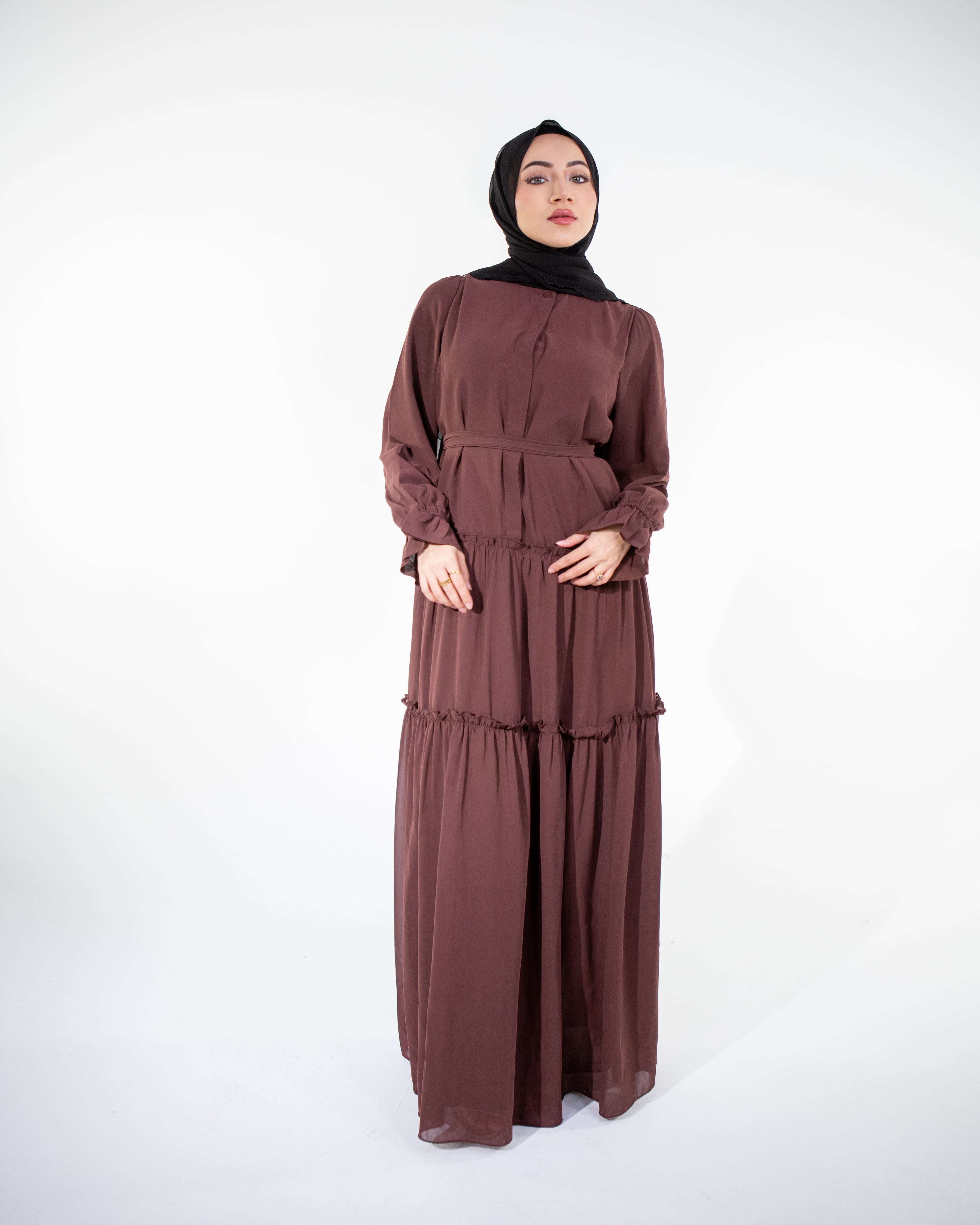 LAYLA Premium Chiffon High-Neck Fully Lined tiered maxi dress - Brown