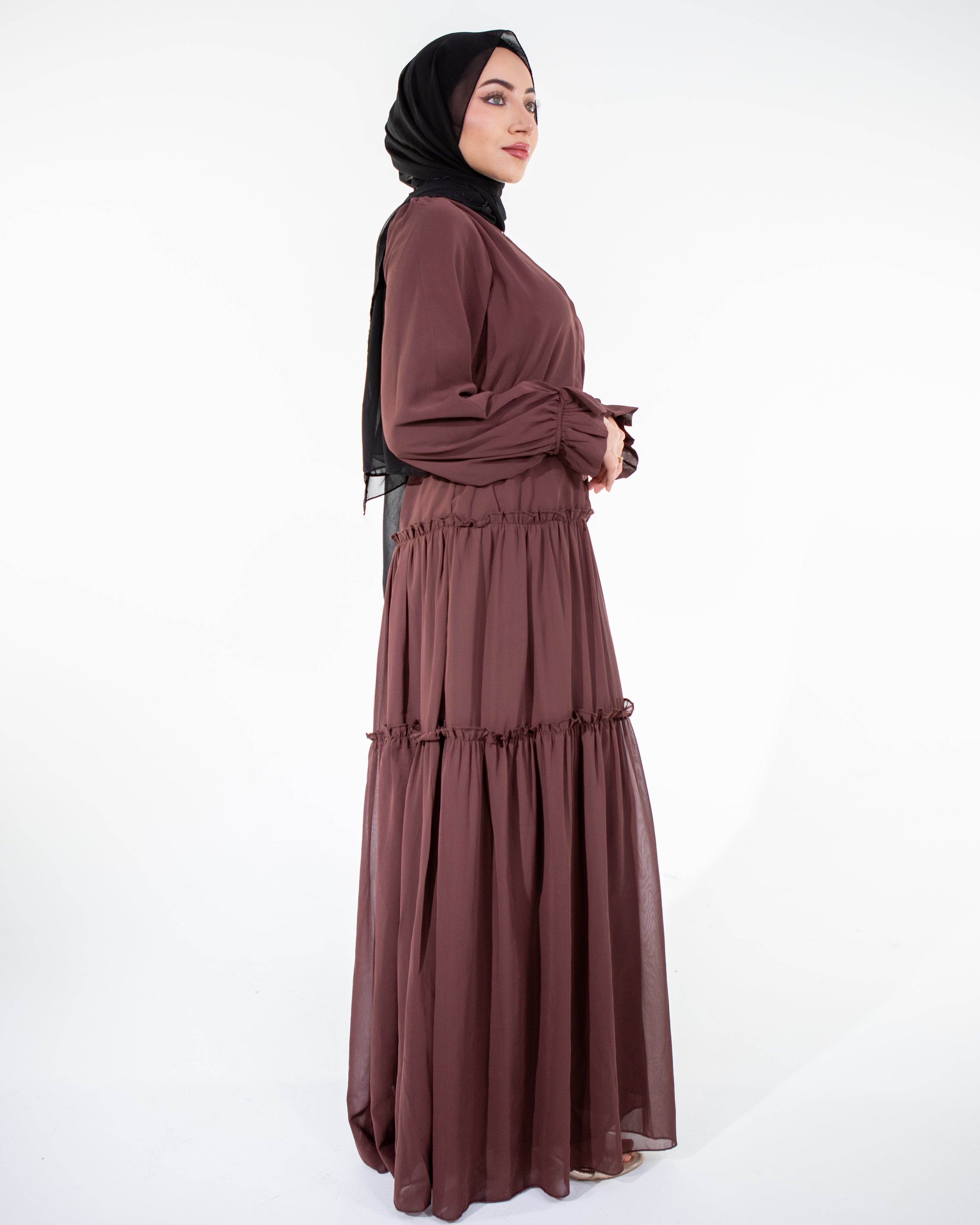Brown Chiffon Tiered Maxi Dress - LAYLA Modest Dress | TULAS Brown Chiffon Tiered Maxi Dress - LAYLA Modest Dress | TULAS