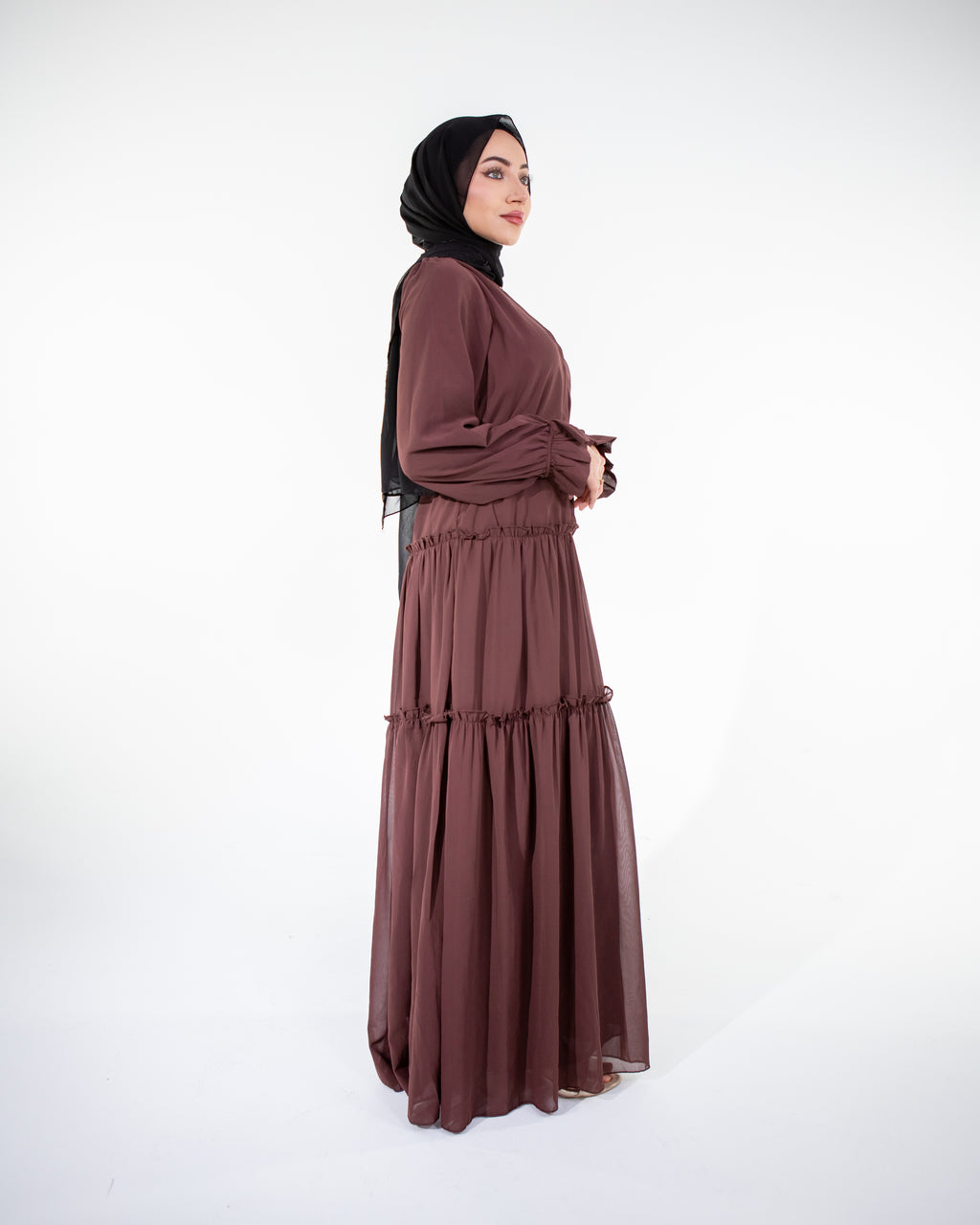LAYLA Premium Chiffon High-Neck Fully Lined tiered maxi dress - Brown