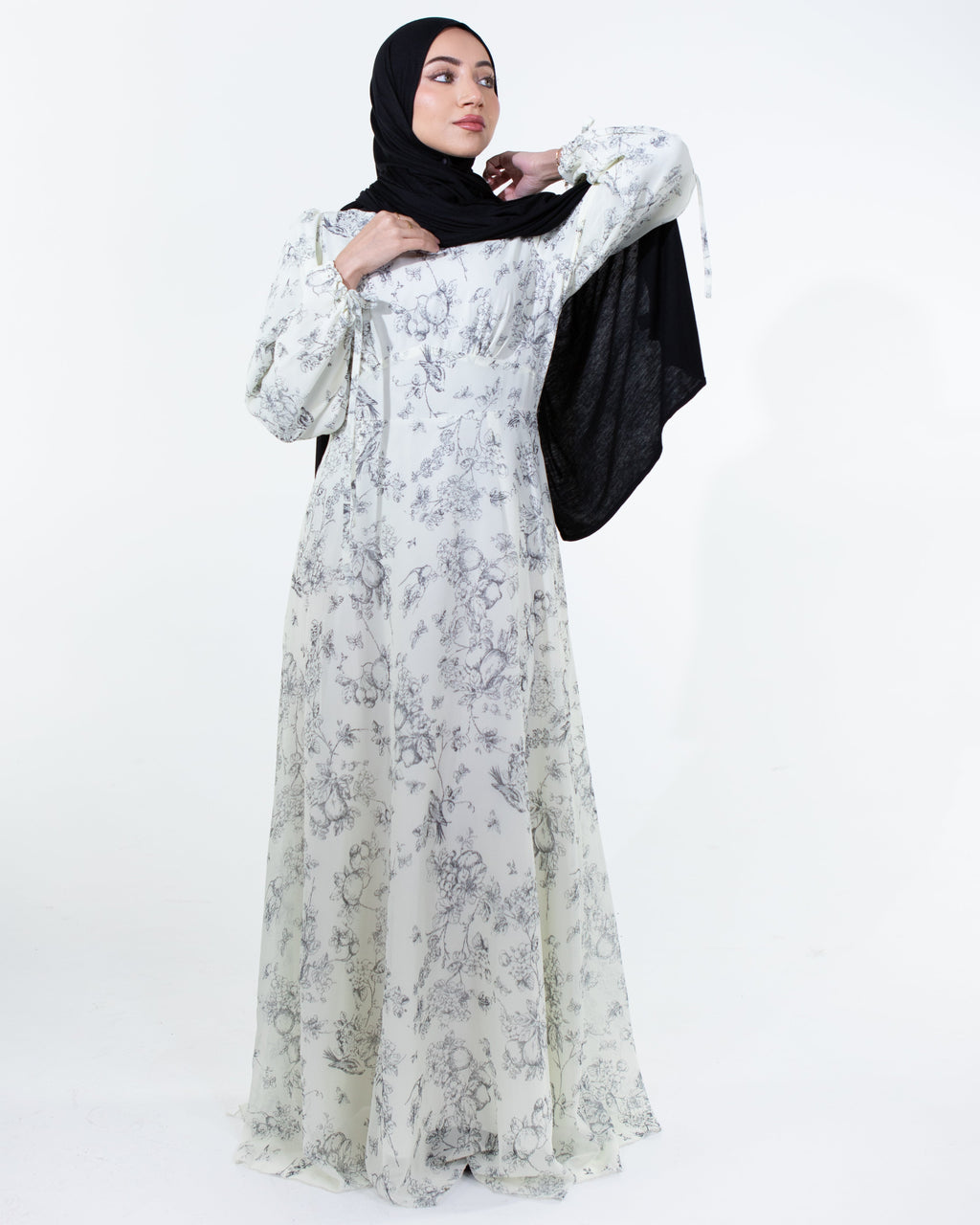 LIMITED EDITION - FIRDOS Premium Chiffon High-Neck Fully Lined Maxi Dress - Cream Floral