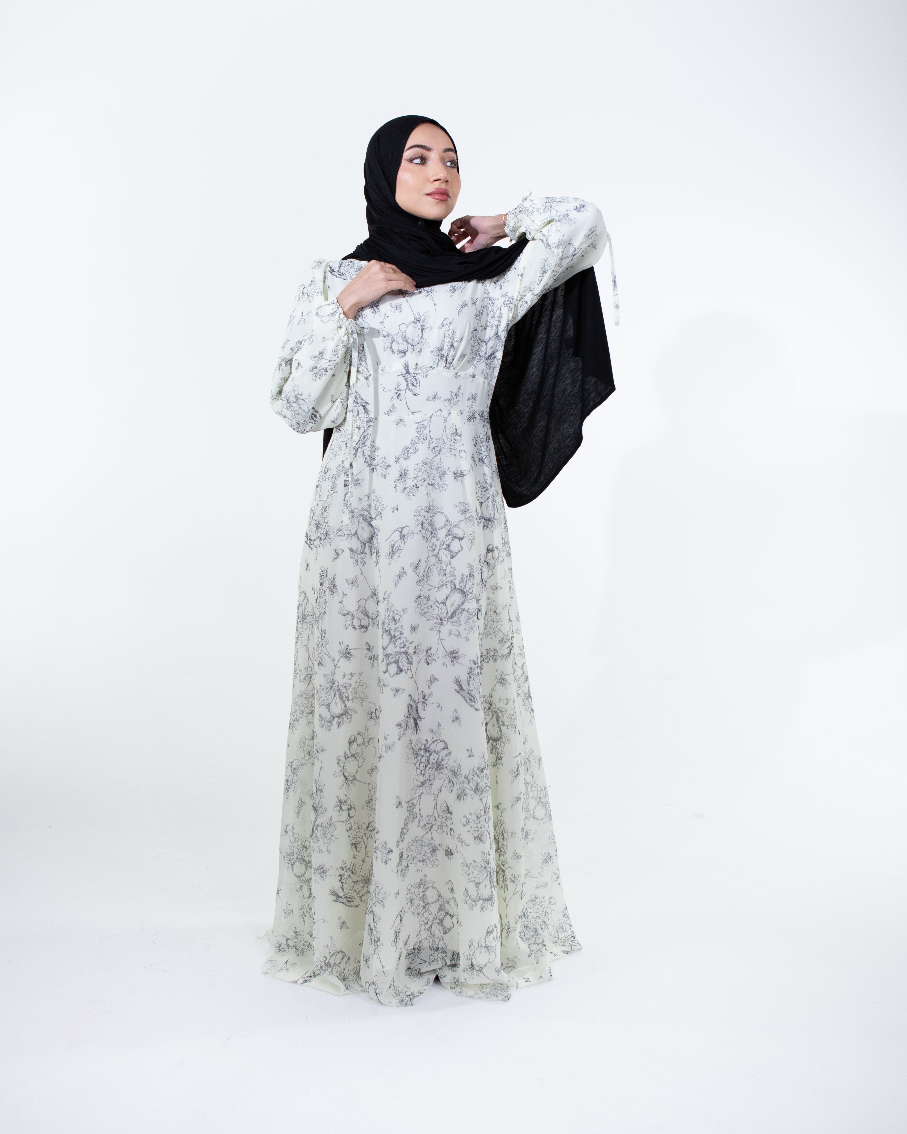 LIMITED EDITION - FIRDOS Premium Chiffon High-Neck Fully Lined Maxi Dress - Cream Floral