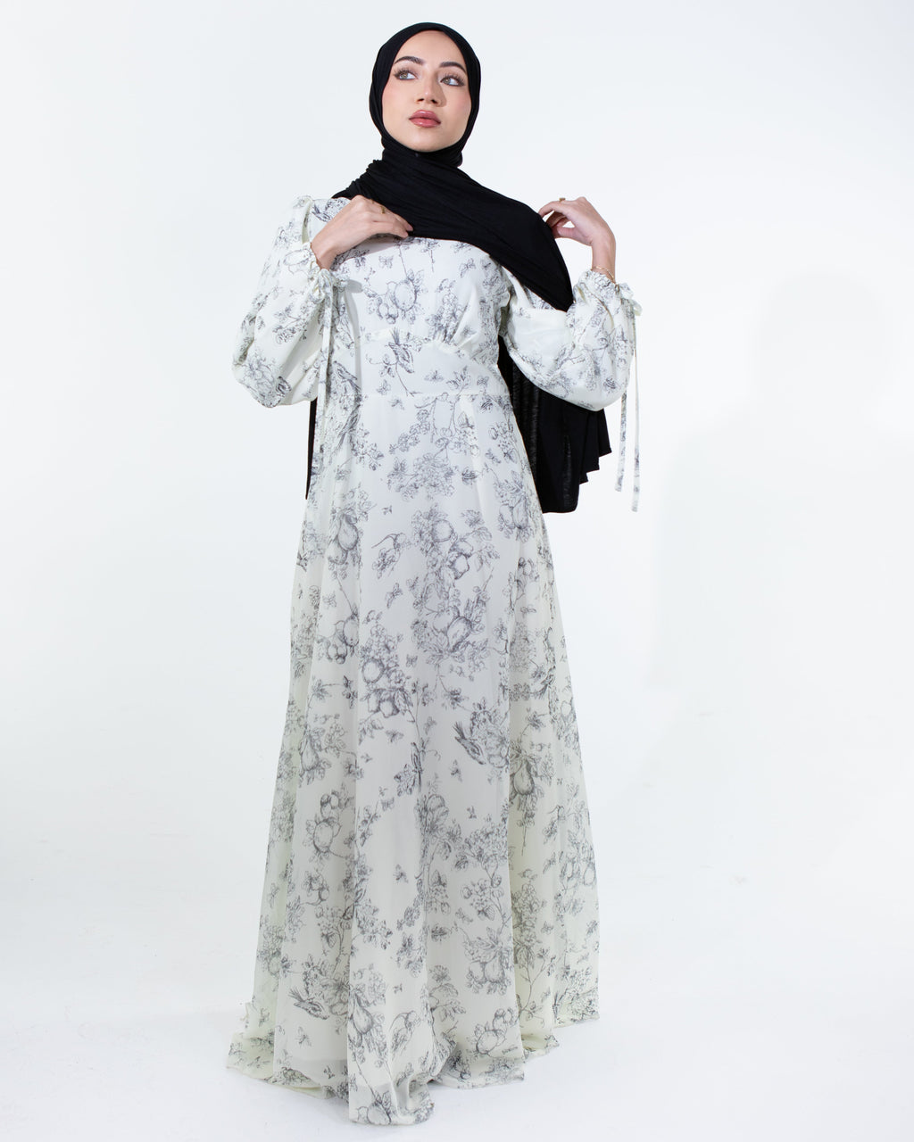 LIMITED EDITION - FIRDOS Premium Chiffon High-Neck Fully Lined Maxi Dress - Cream Floral