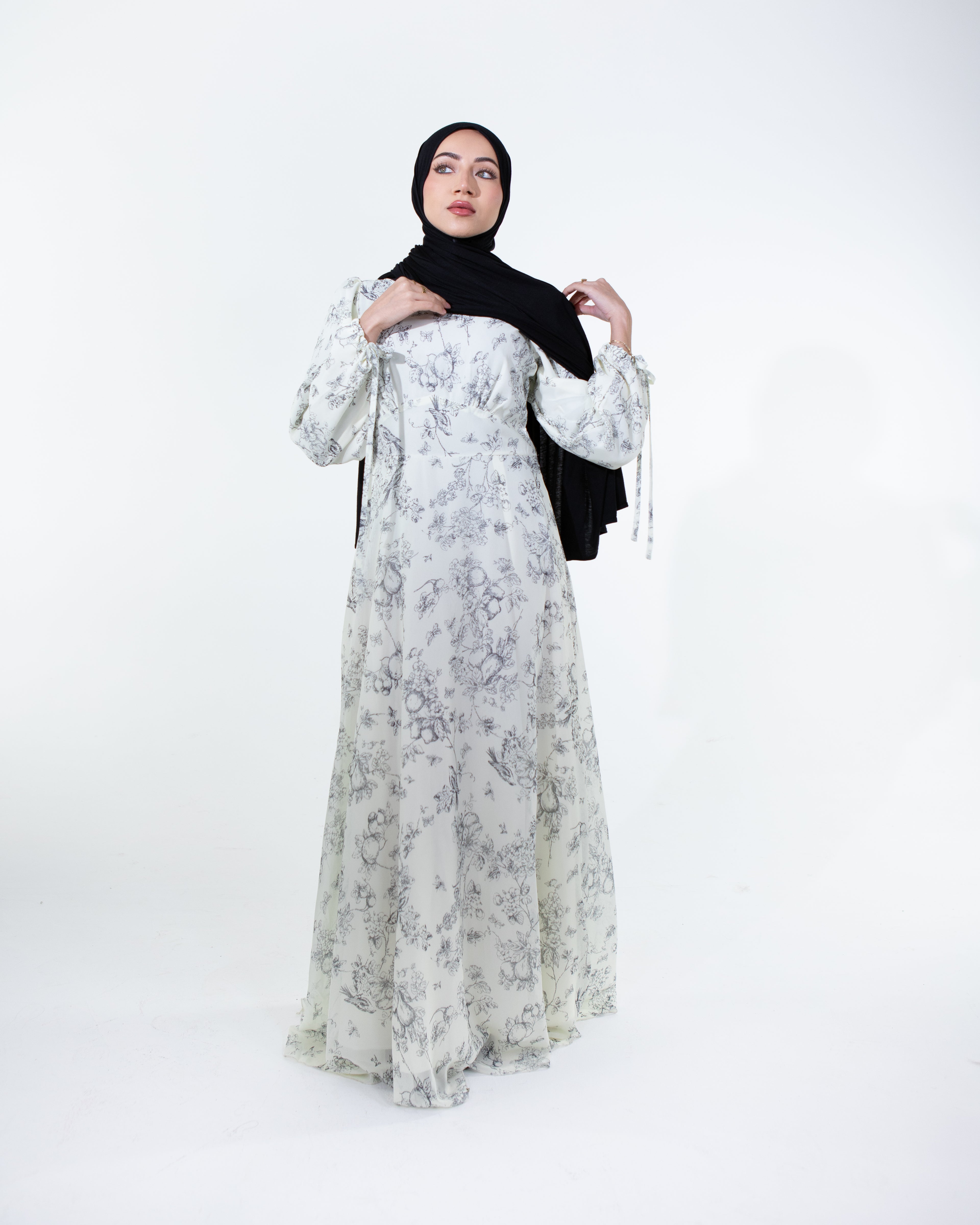 LIMITED EDITION - FIRDOS Premium Chiffon High-Neck Fully Lined Maxi Dress - Cream Floral