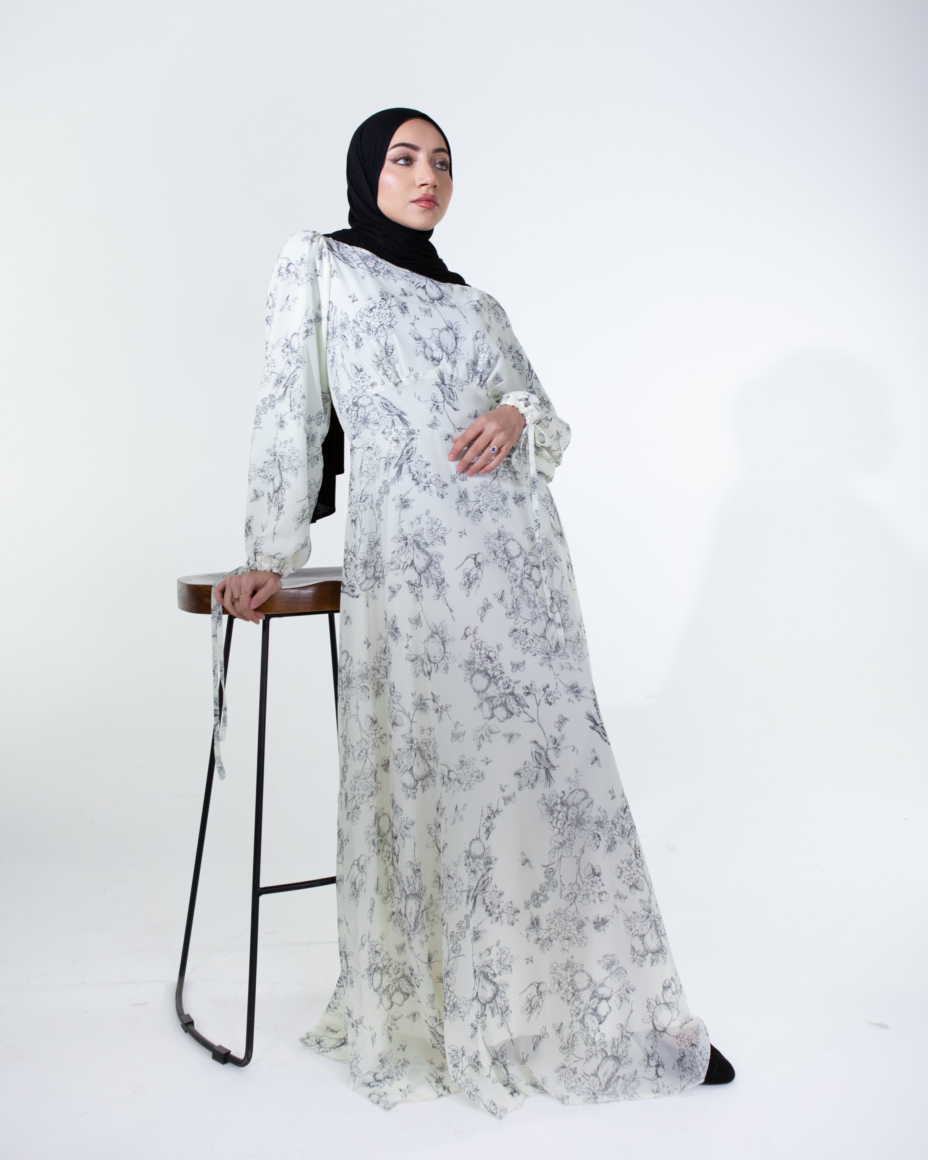 LIMITED EDITION - FIRDOS Premium Chiffon High-Neck Fully Lined Maxi Dress - Cream Floral
