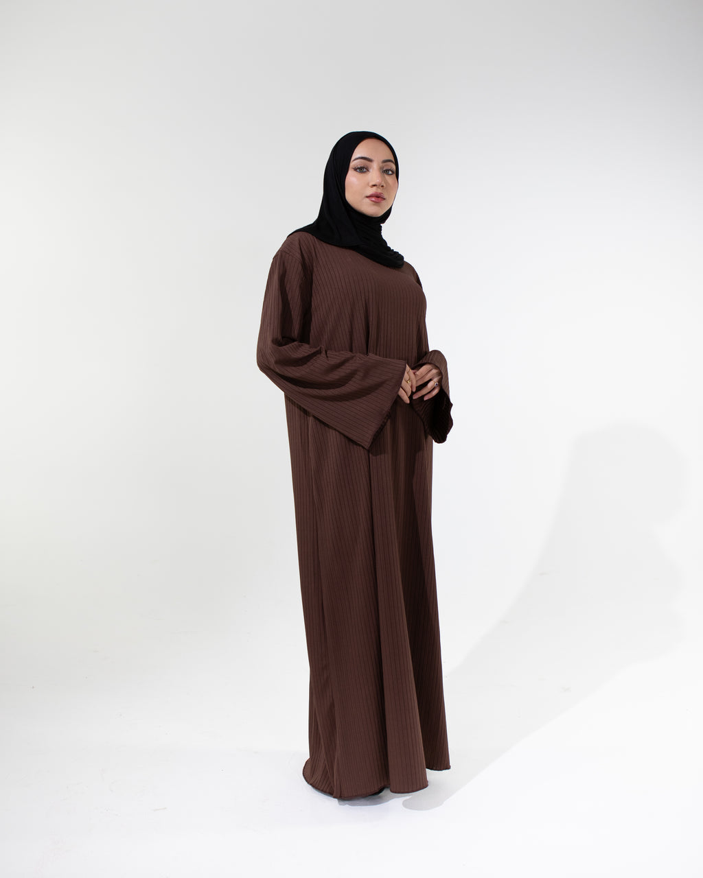 MAYA Premium High-Neck Long Sleeve Non-Sheer Modest Maxi Dress - Coffee