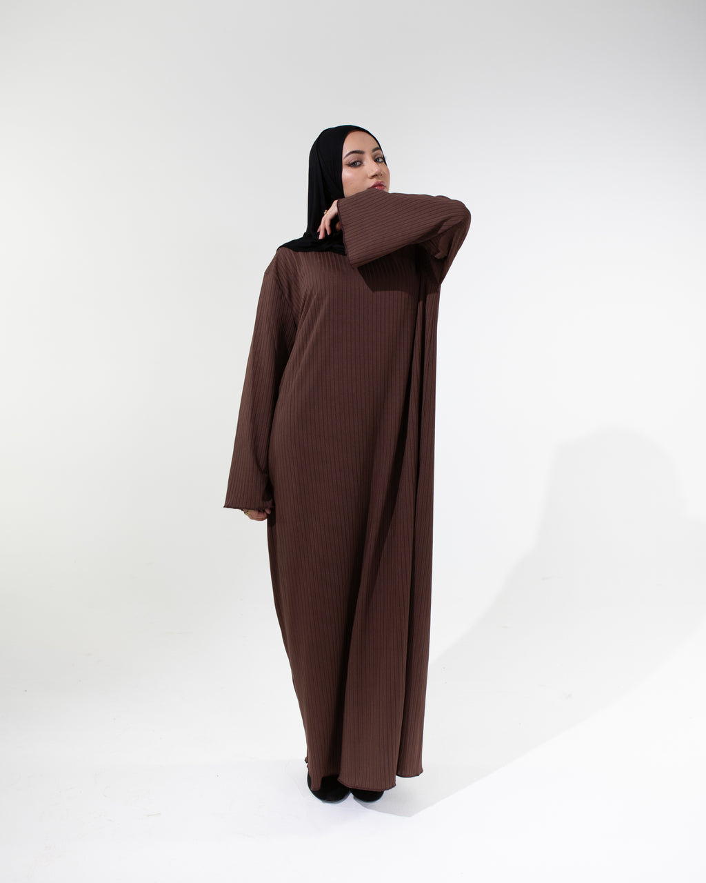 MAYA Premium High-Neck Long Sleeve Non-Sheer Modest Maxi Dress - Coffee