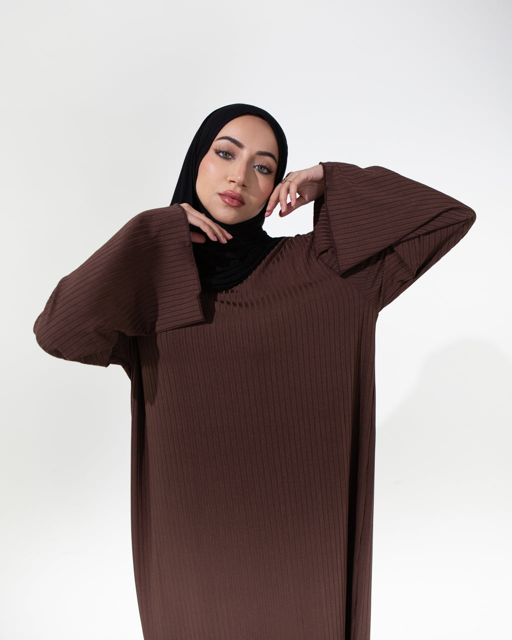 MAYA Premium High-Neck Long Sleeve Non-Sheer Modest Maxi Dress - Coffee