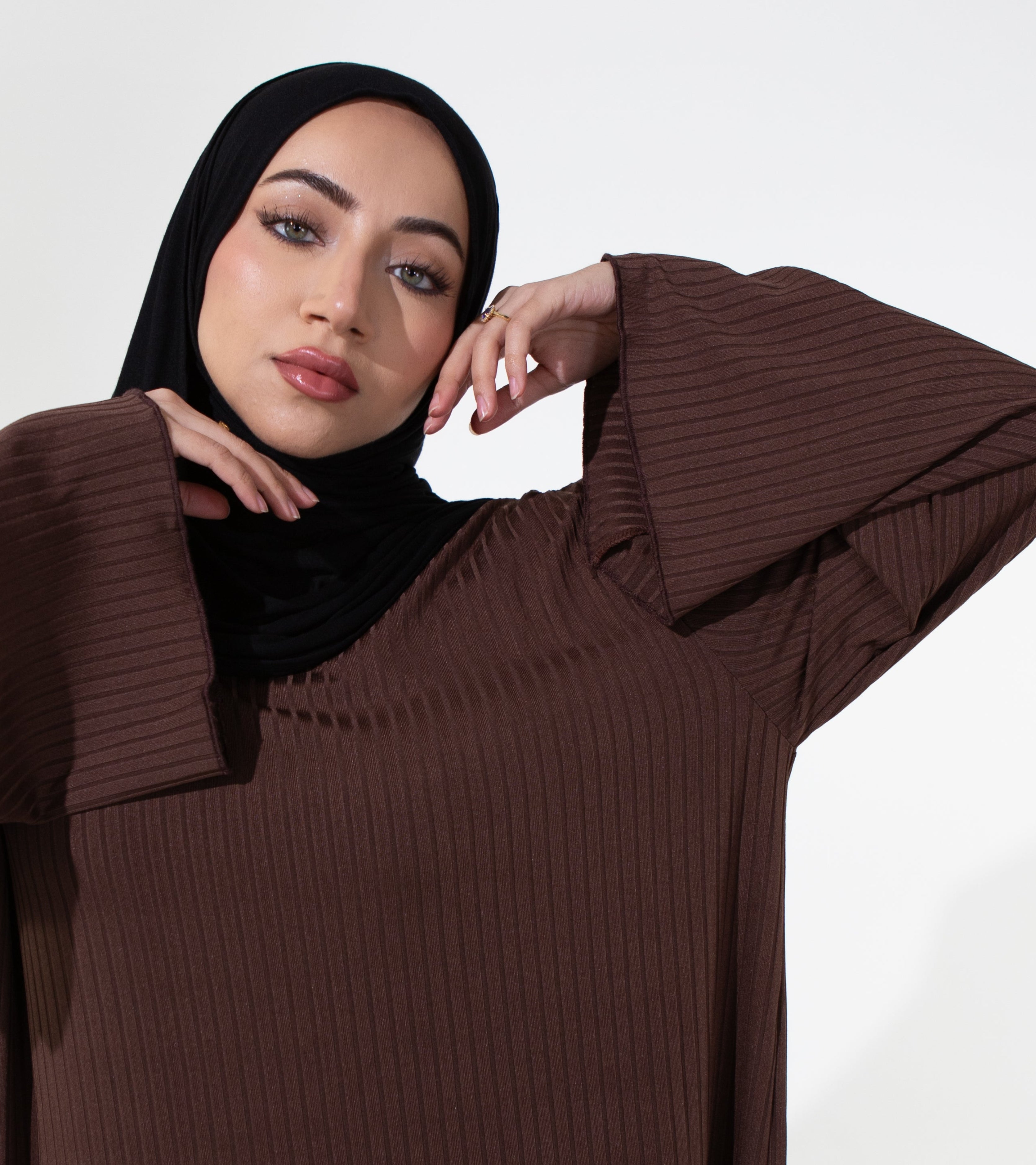 MAYA Premium Jersey Loose Fit Non-Iron High-Neck Maxi Dress - Coffee