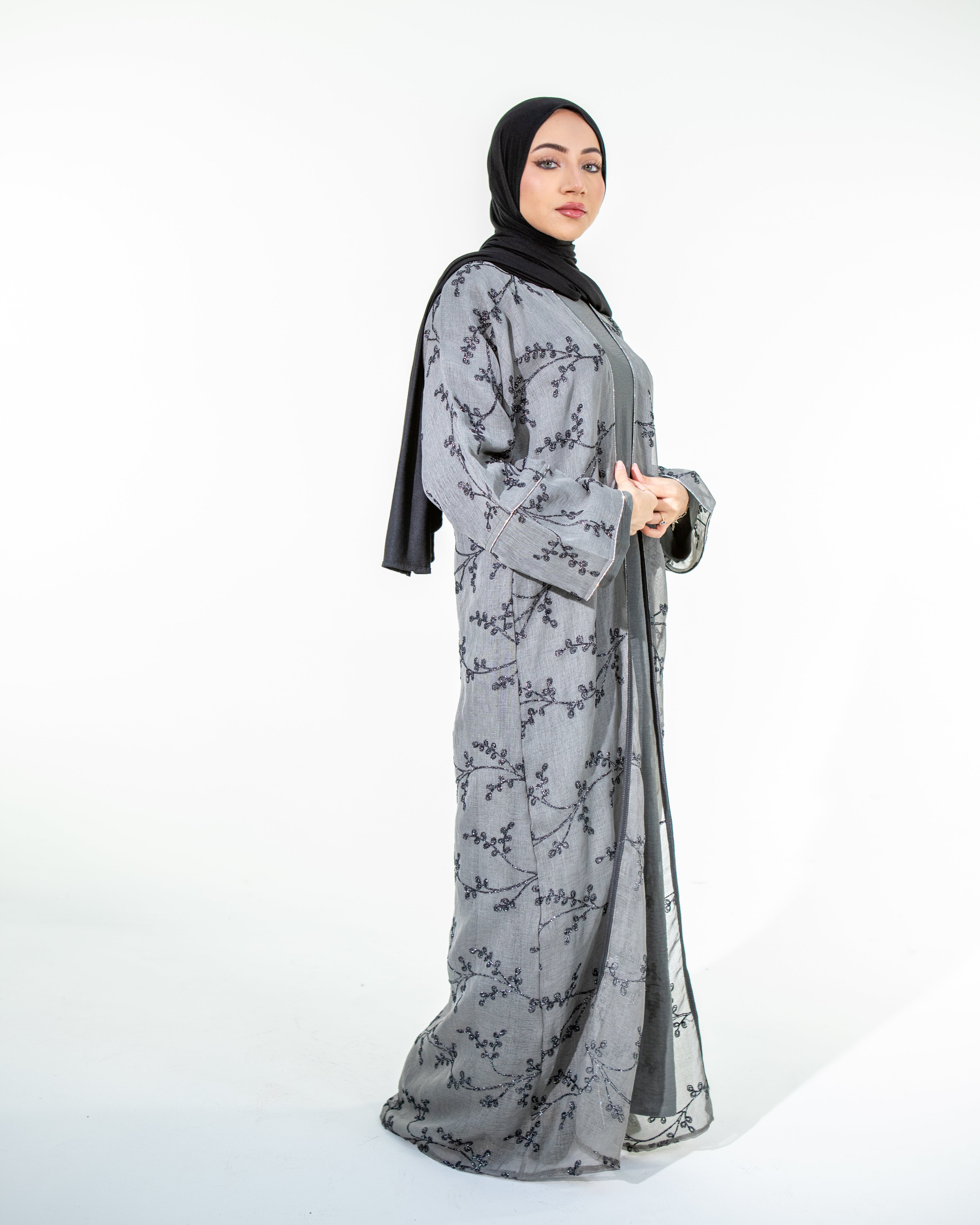 WARDA Premium Embellished Long Sleeve Outer and Long Sleeve Inner Abaya Dress Set - Grey