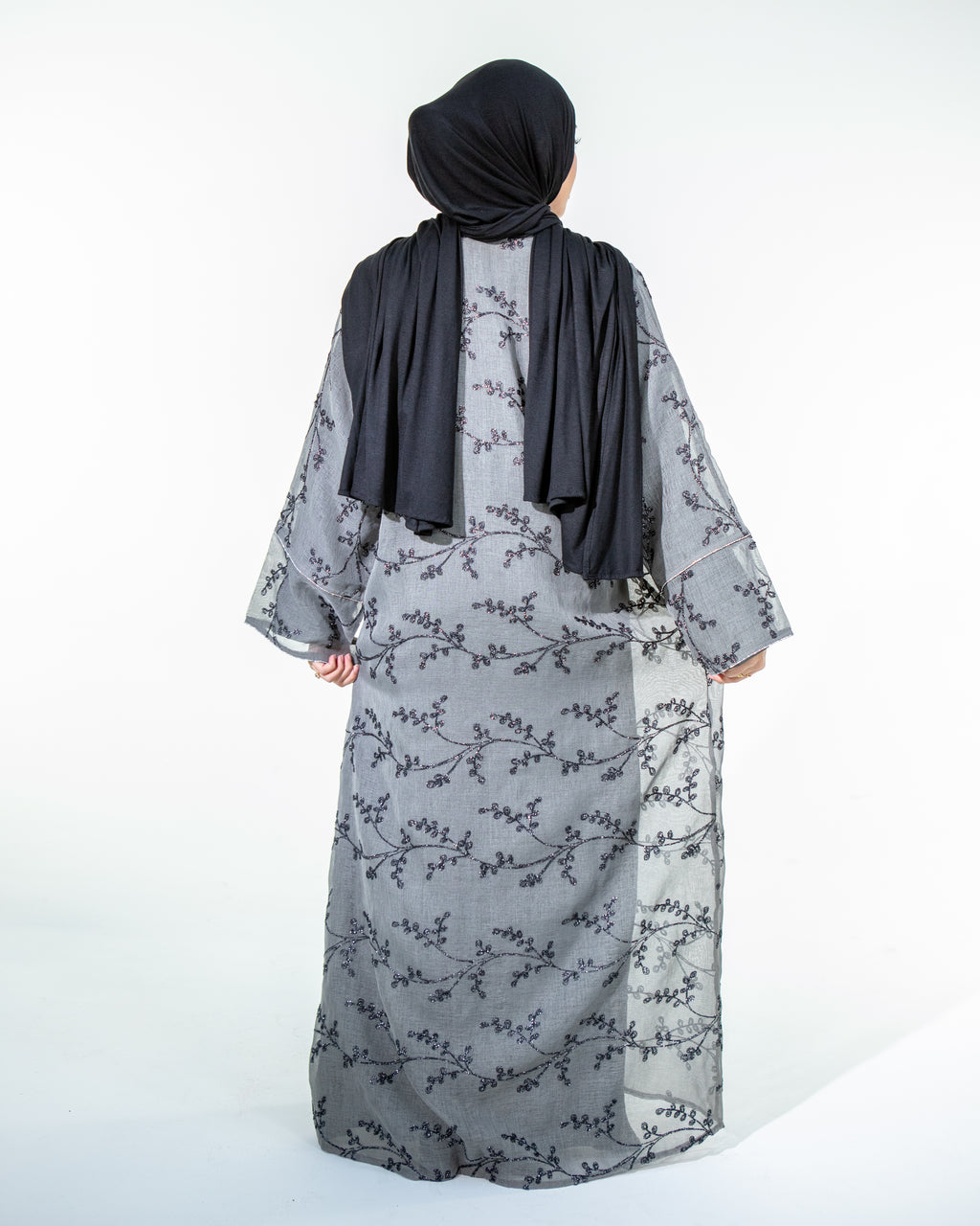 WARDA Premium Embellished Long Sleeve Outer and Long Sleeve Inner Abaya Dress Set - Grey