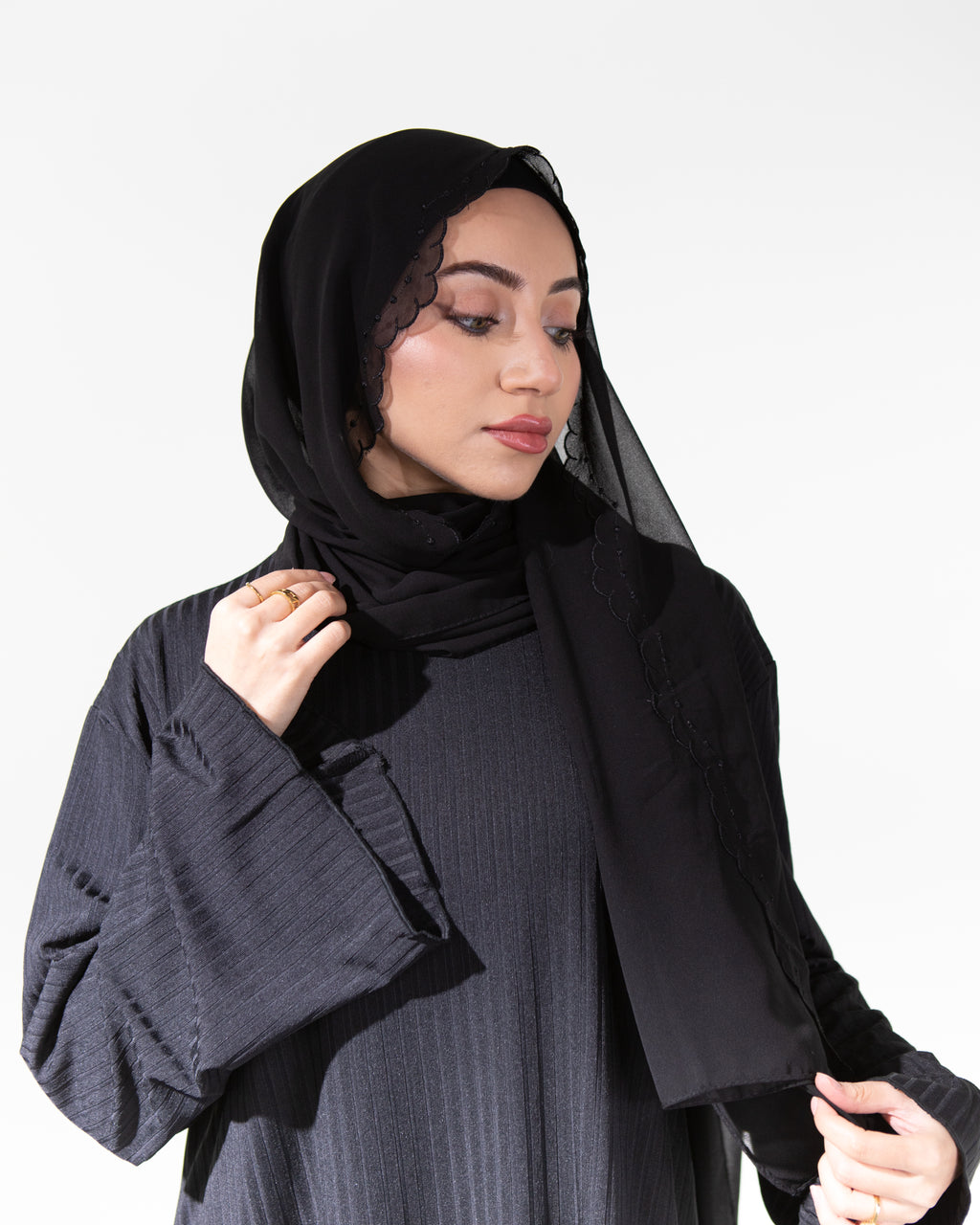 LEYA Premium Chiffon Scalloped Hijab and Undercap Set - Black
