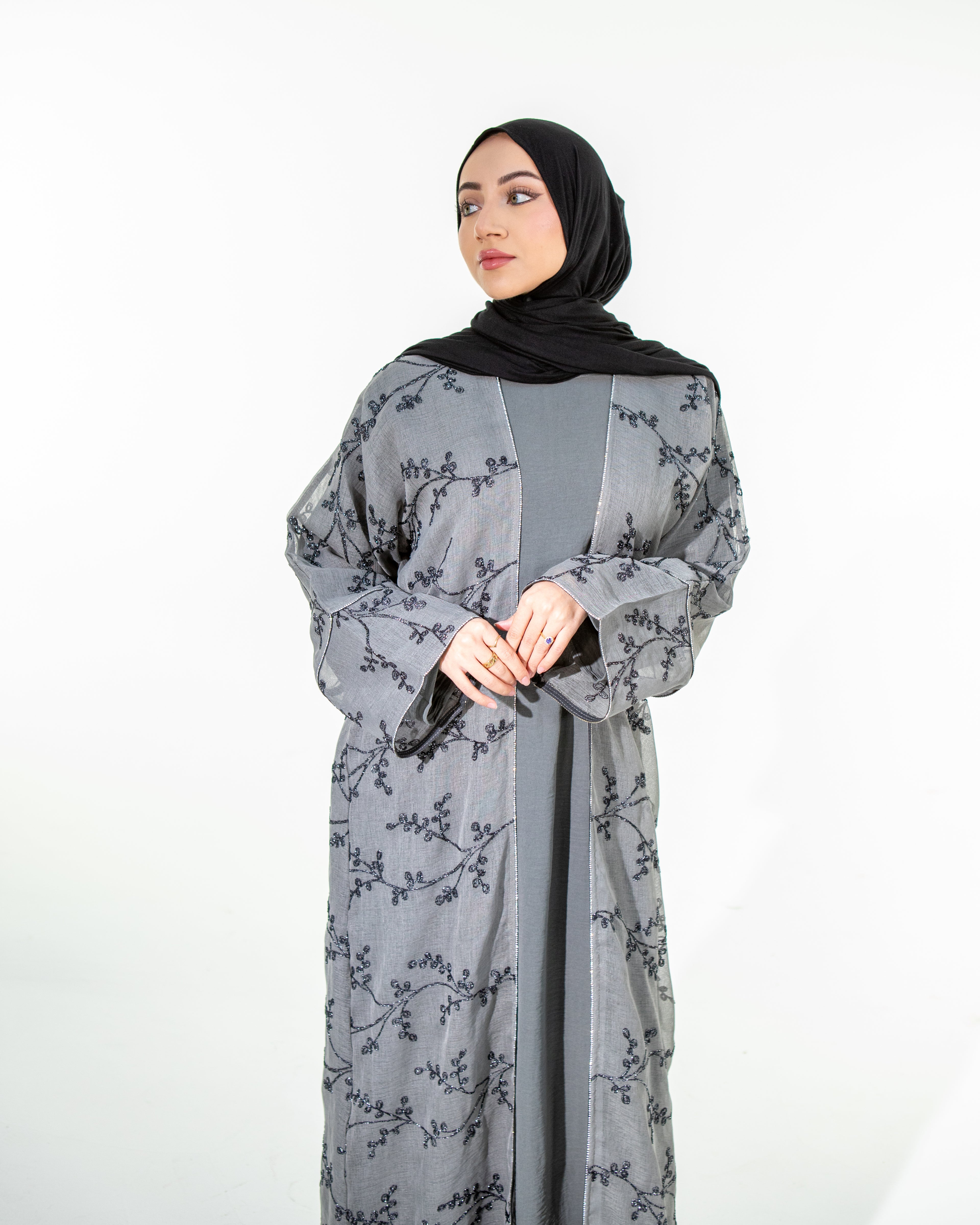 WARDA Premium Embellished Long Sleeve Outer and Long Sleeve Inner Abaya Dress Set - Grey