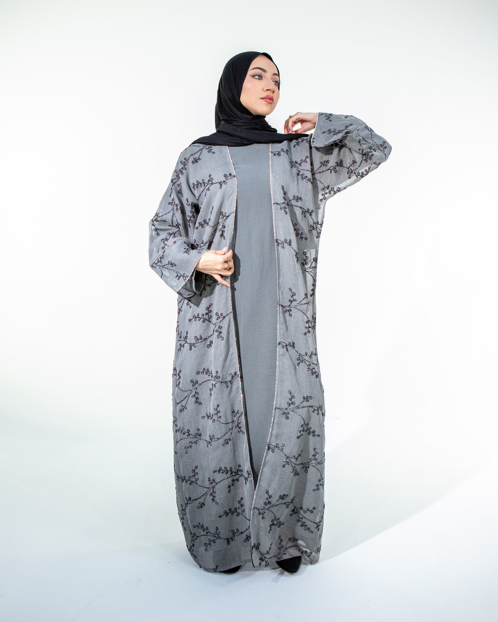WARDA Premium Embellished Long Sleeve Outer and Long Sleeve Inner Abaya Dress Set - Grey