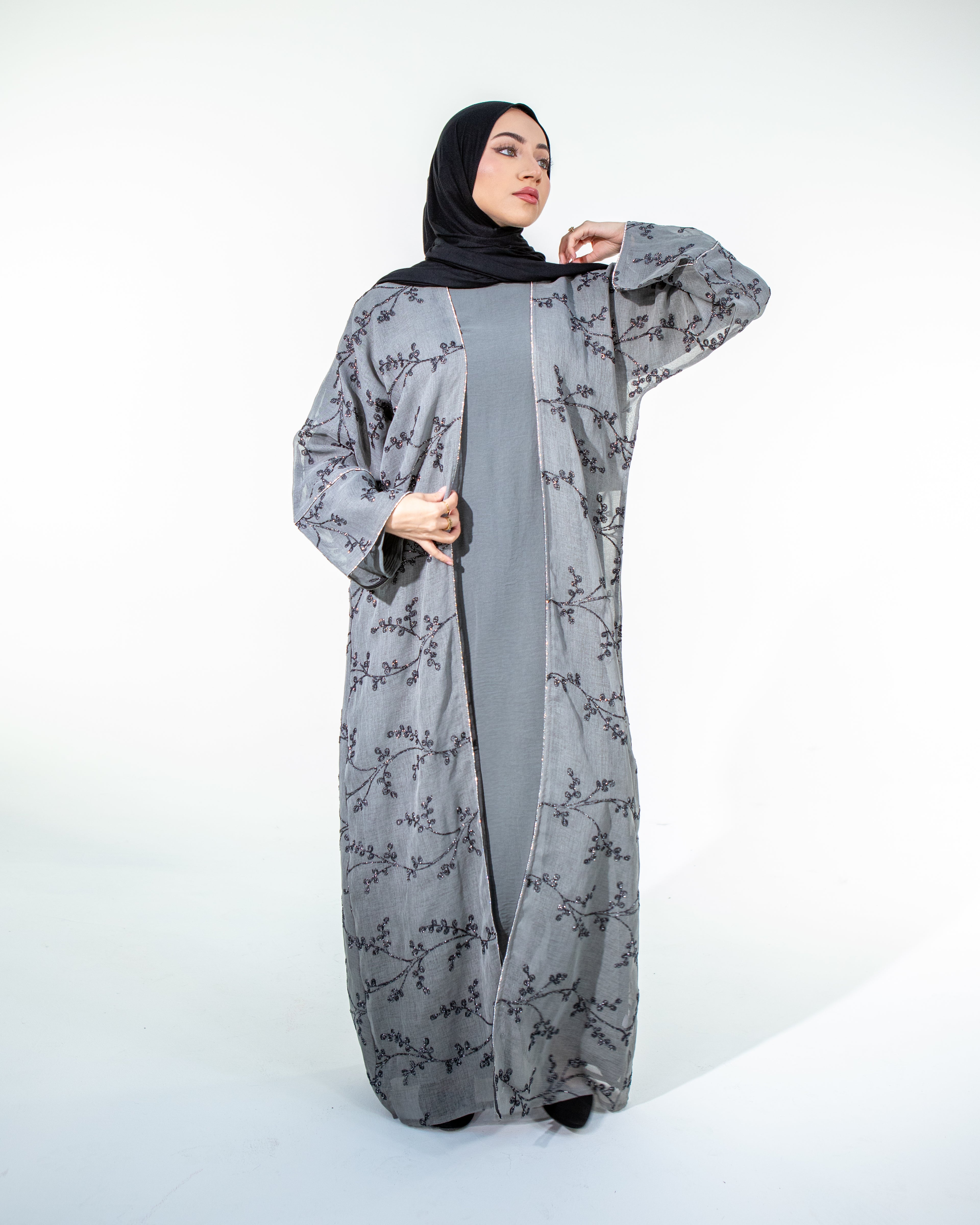 WARDA Premium Embellished Long Sleeve Outer and Long Sleeve Inner Abaya Dress Set - Grey