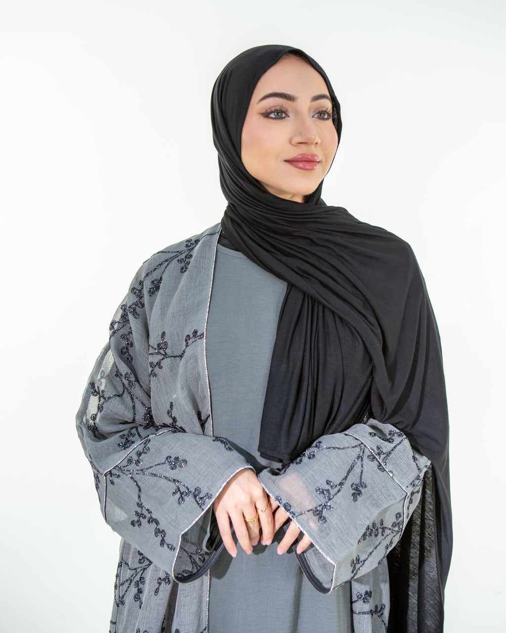 WARDA Premium Embellished Long Sleeve Outer and Long Sleeve Inner Abaya Dress Set - Grey