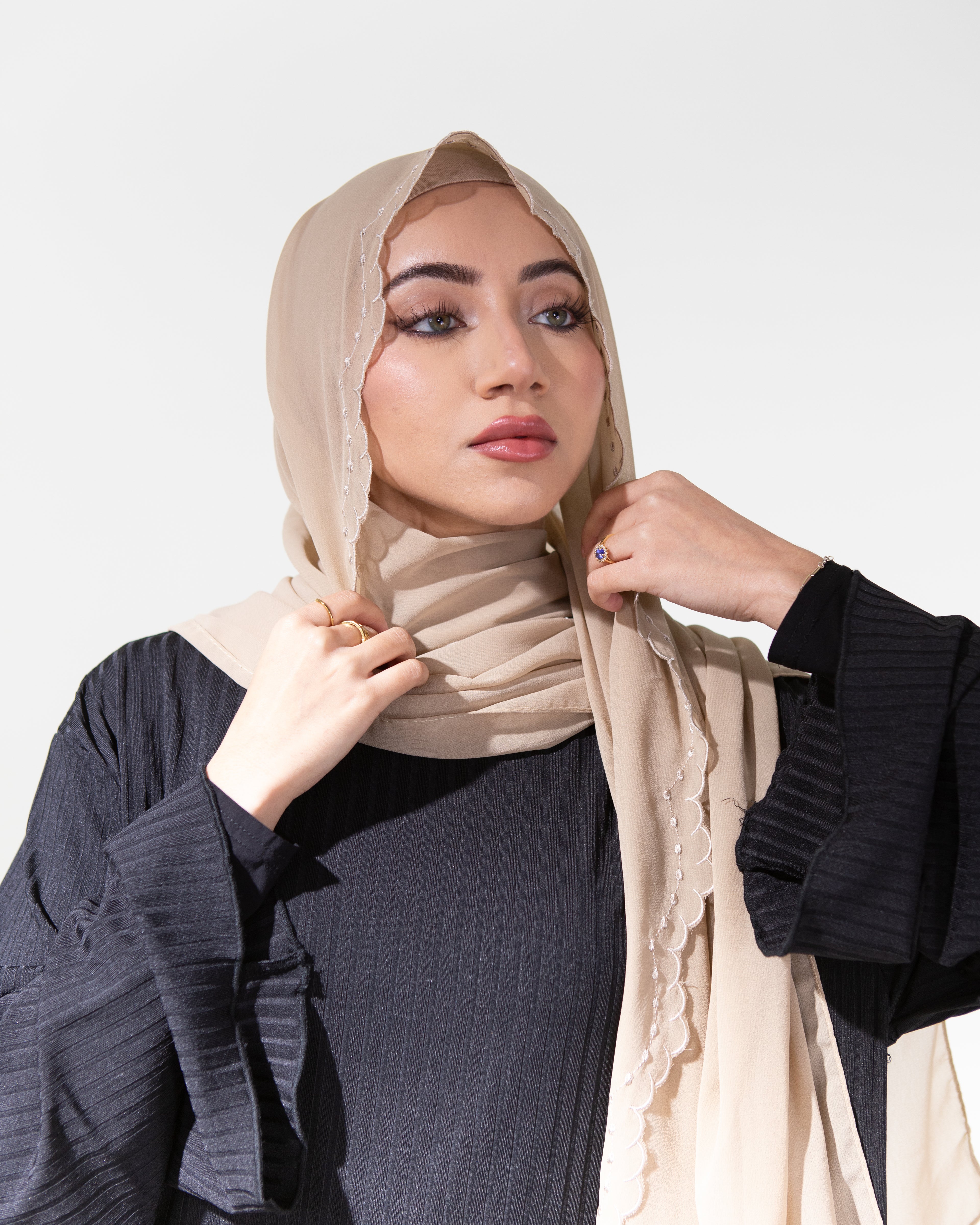 LEYA Premium Chiffon Scalloped Hijab and Undercap Set - Sand