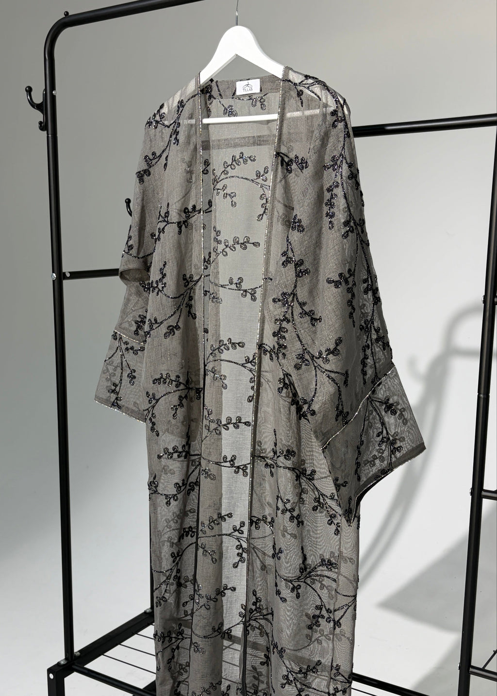 Linen Blend Embellished Open Abaya Set - Grey