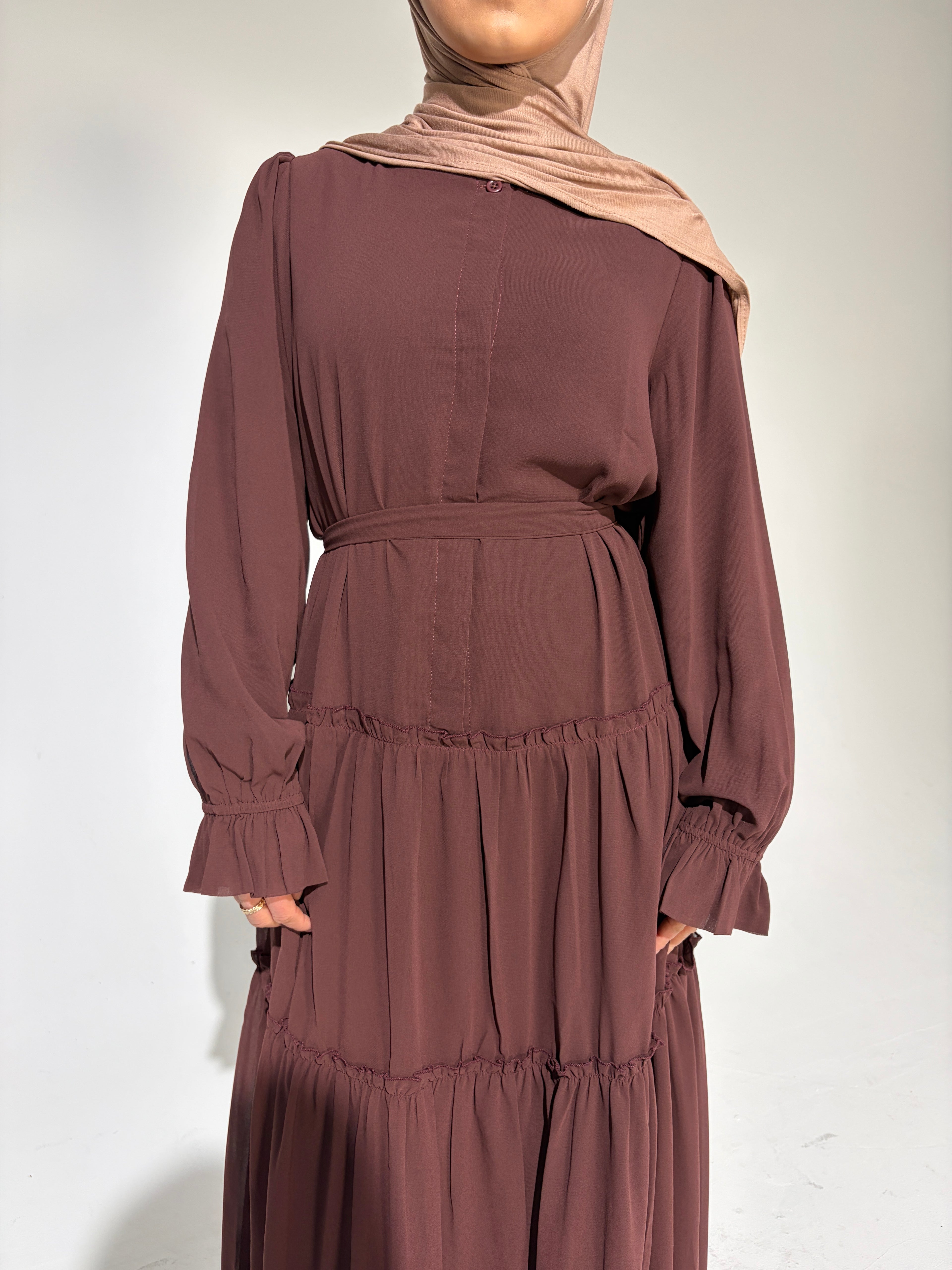 Brown Chiffon Tiered Maxi Dress - LAYLA Modest Dress | TULAS Brown Chiffon Tiered Maxi Dress - LAYLA Modest Dress | TULAS