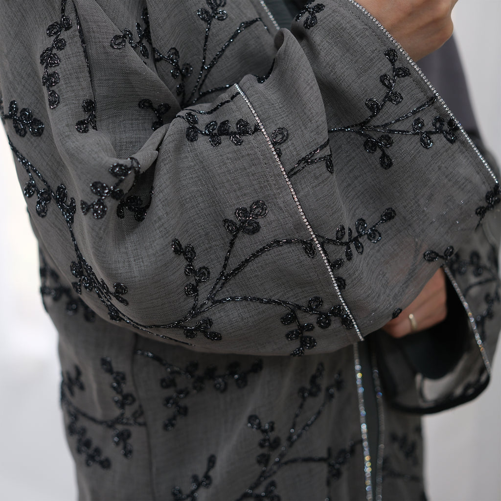 WARDA Premium Embellished Long Sleeve Outer and Long Sleeve Inner Abaya Dress Set - Grey