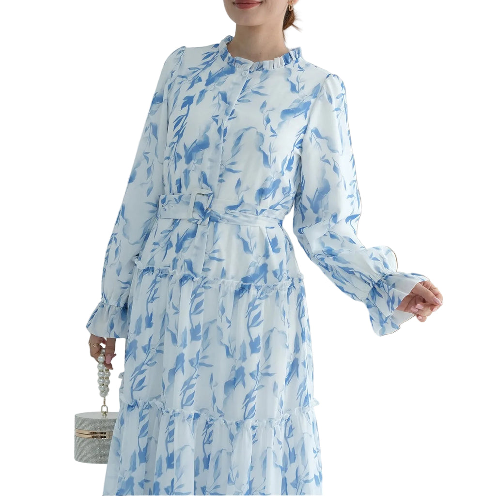 FATIMA Premium Chiffon Nursing Friendly belted button-up maxi dress - Bluebell