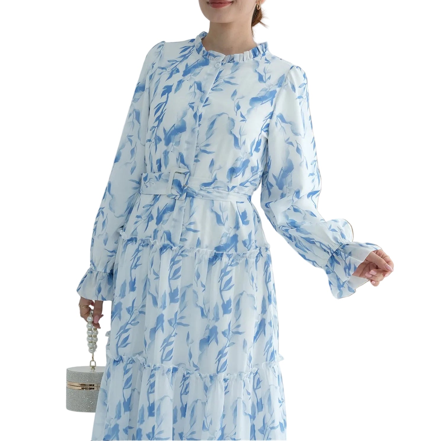 FATIMA Premium Chiffon Nursing Friendly belted button-up maxi dress - Bluebell