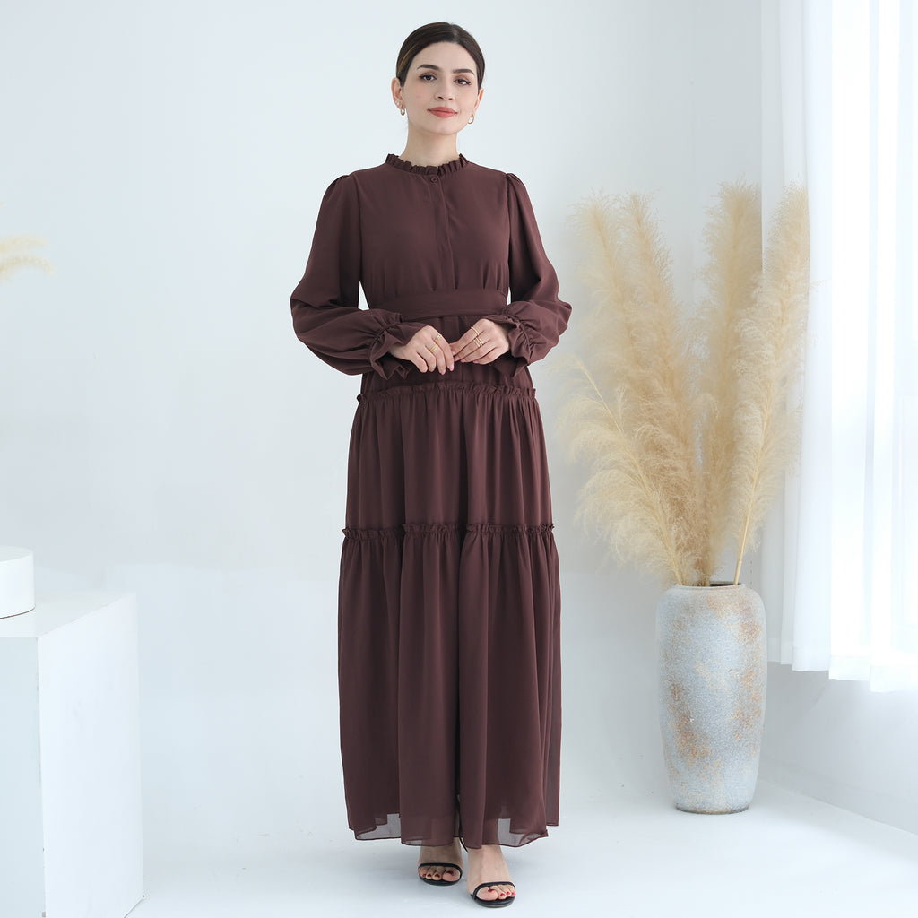 LAYLA Premium Chiffon High-Neck Fully Lined tiered maxi dress - Brown