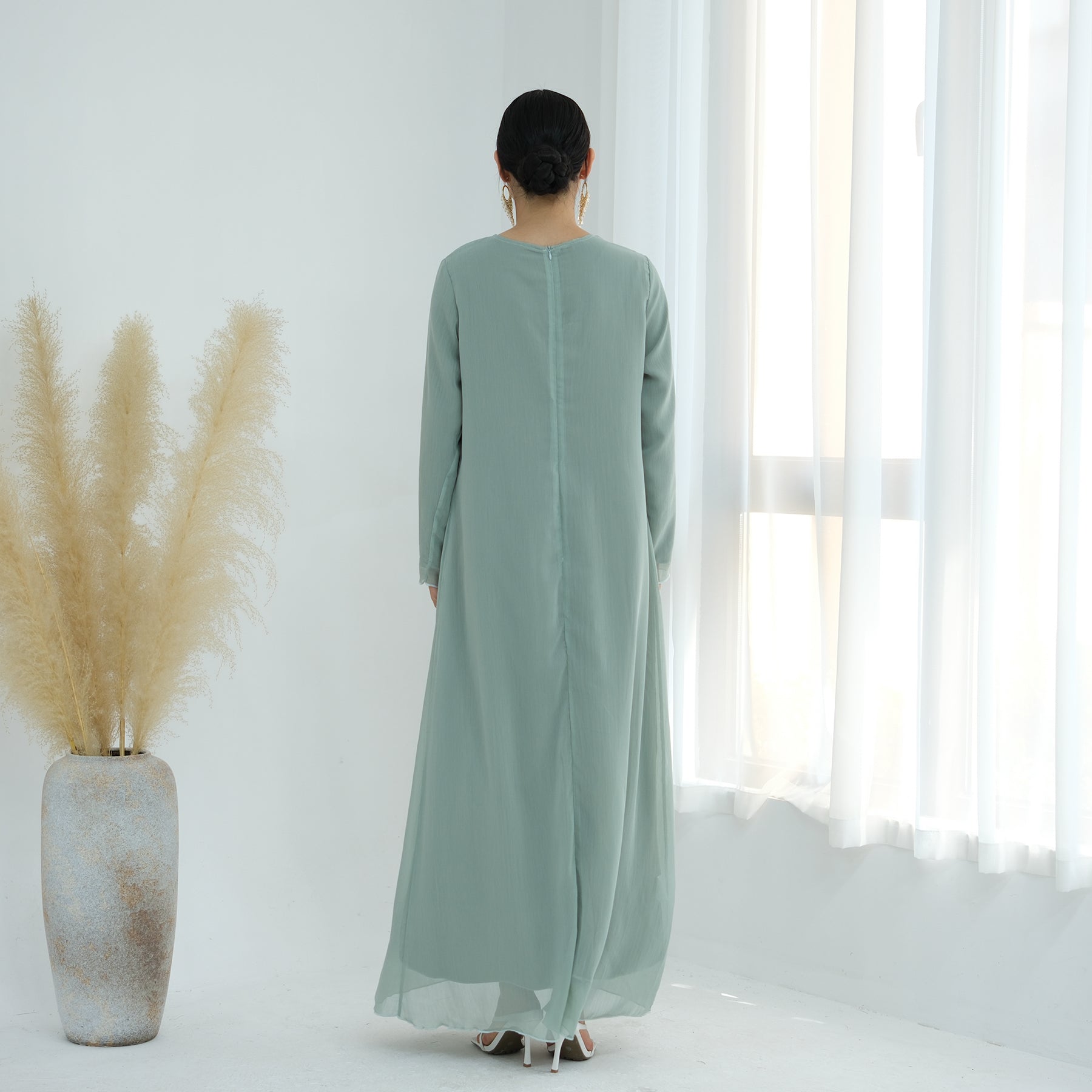 HAYAT Premium Chiffon Long Sleeve Outer and Long Sleeve Inner Abaya Dress Set - Mint