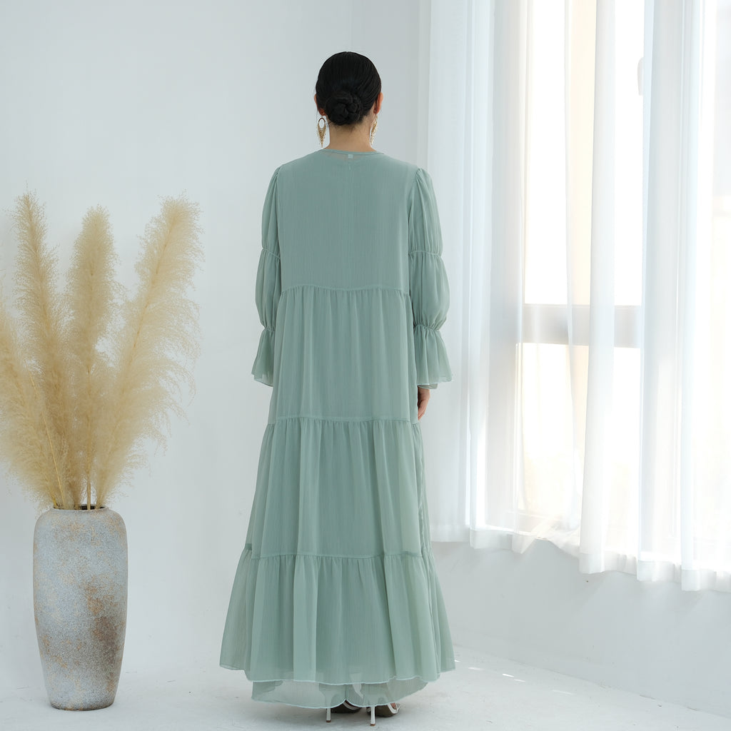 HAYAT Premium Chiffon Long Sleeve Outer and Long Sleeve Inner Abaya Dress Set - Mint