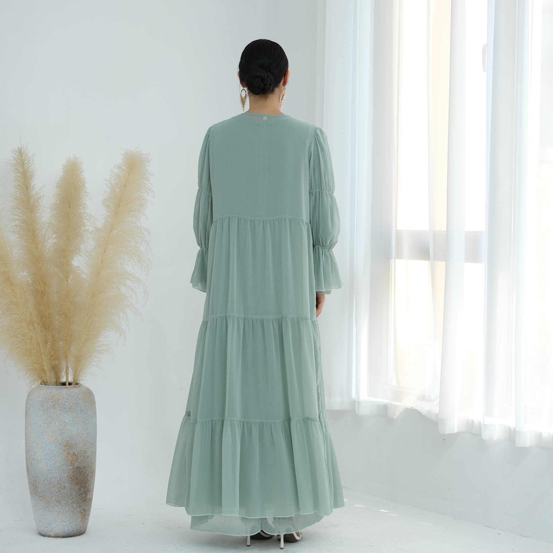 HAYAT Premium Chiffon Long Sleeve Outer and Long Sleeve Inner Abaya Dress Set - Mint