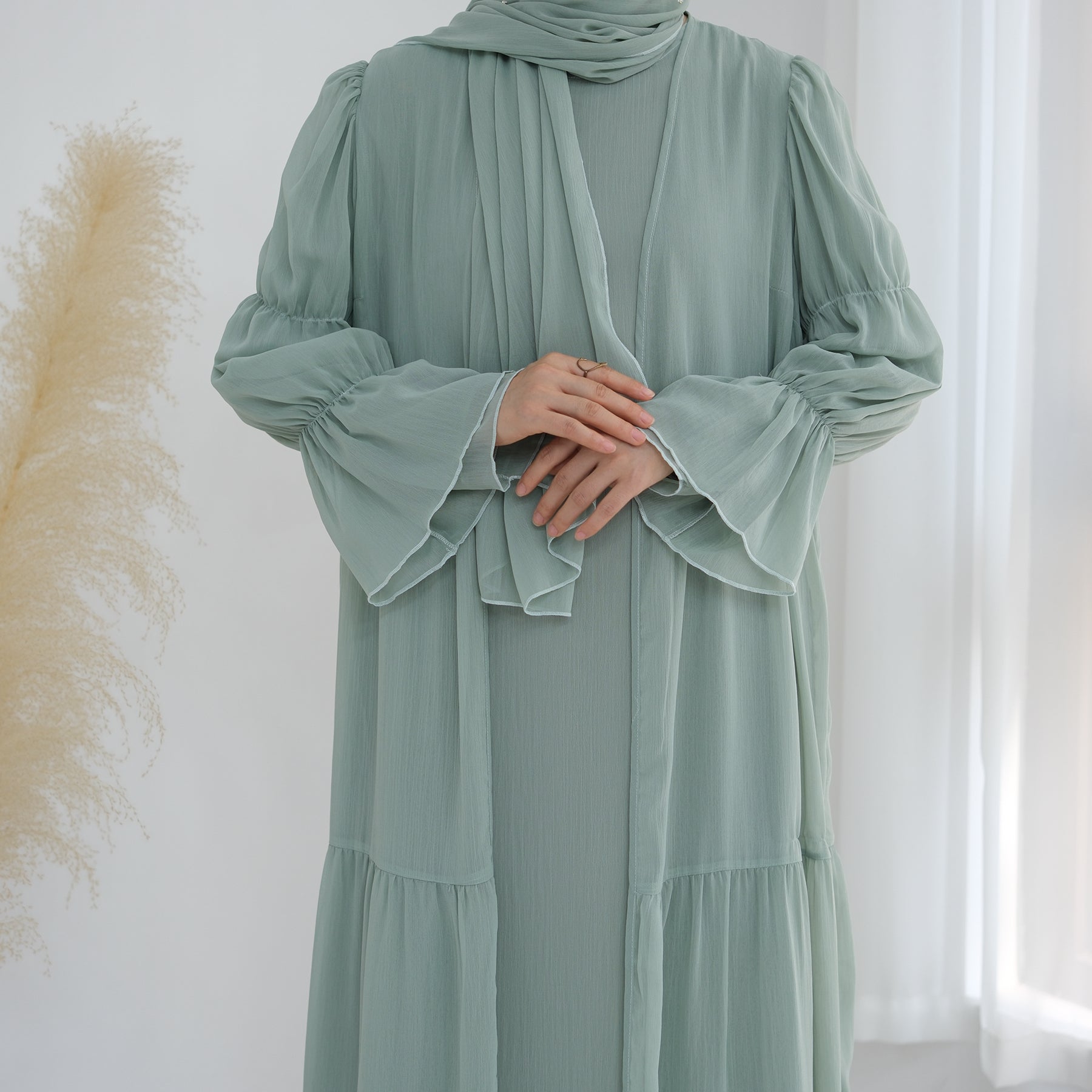 HAYAT Premium Chiffon Long Sleeve Outer and Long Sleeve Inner Abaya Dress Set - Mint