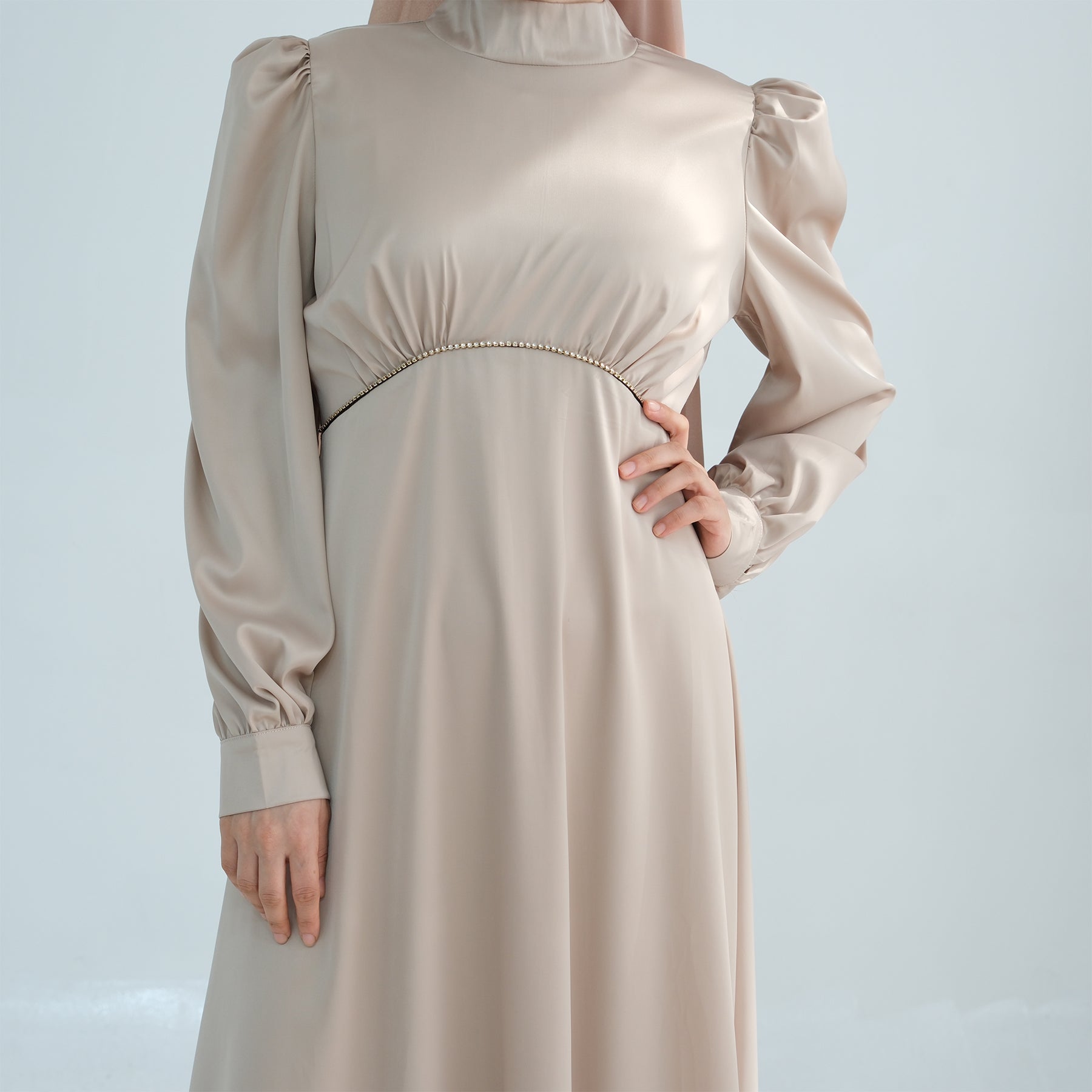 LIMITED EDITION - LUJAIN Premium Satin High-Neck Non-Sheer Embellished Waist Evening Dress - Pearl