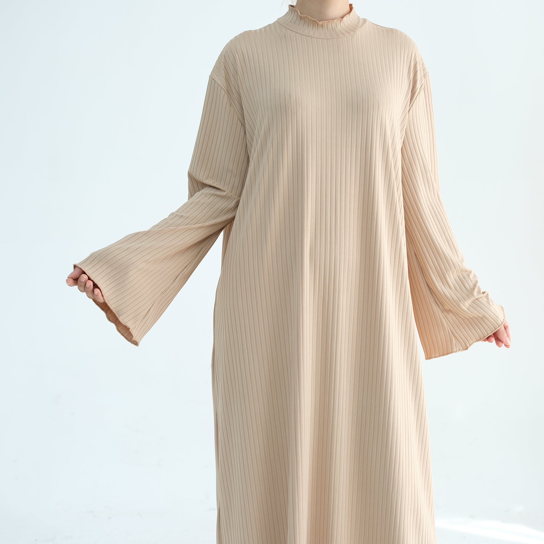 MAYA Premium High-Neck Long Sleeve Non-Sheer Modest Maxi Dress - Biscuit
