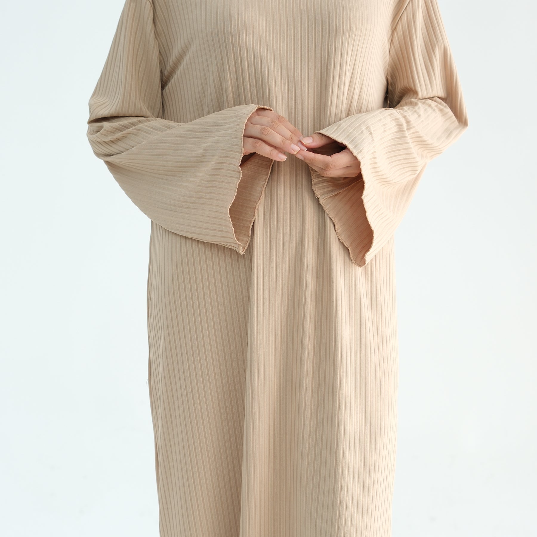 MAYA Premium High-Neck Long Sleeve Non-Sheer Modest Maxi Dress - Biscuit