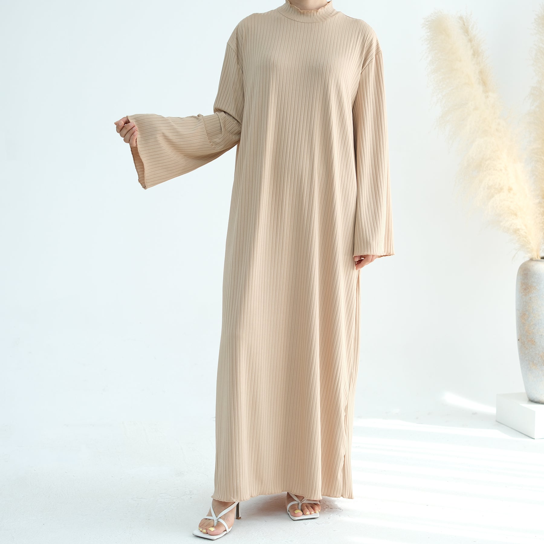 MAYA Premium High-Neck Long Sleeve Non-Sheer Modest Maxi Dress - Biscuit