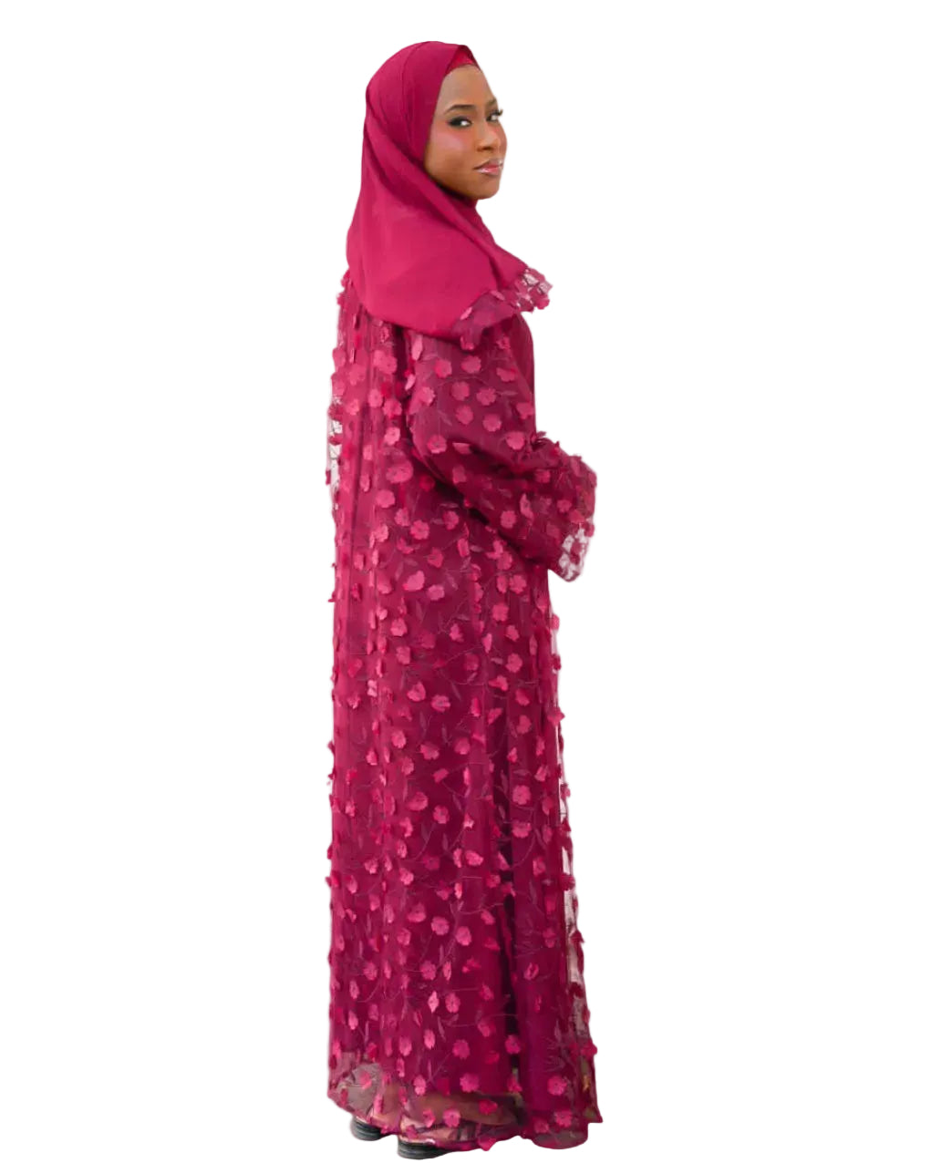 DEENA Premium Floral Applique Open Abaya Set - Maroon