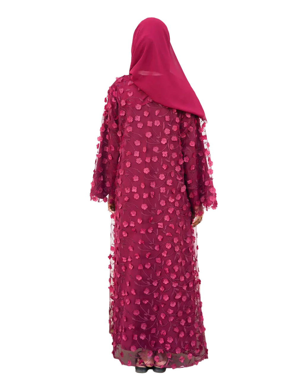 DEENA Premium Floral Applique Open Abaya Set - Maroon
