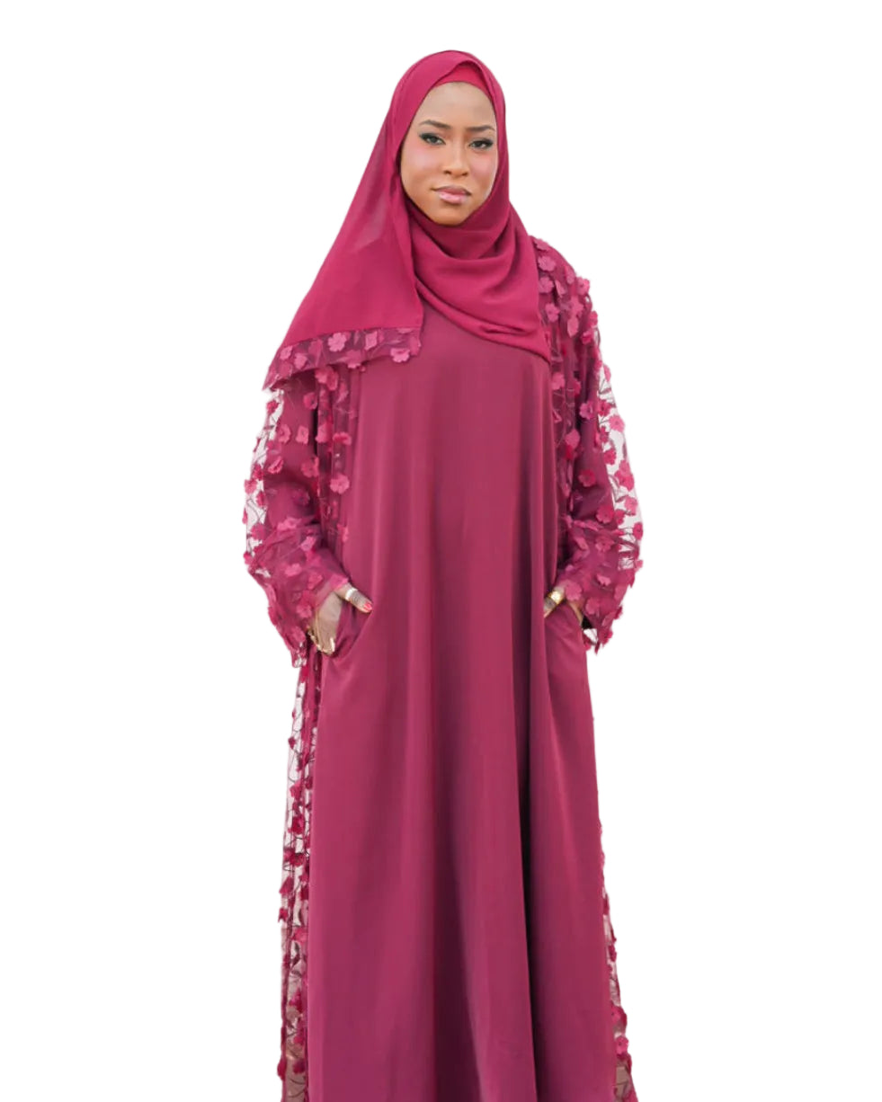 DEENA Premium Floral Applique Open Abaya Set - Maroon