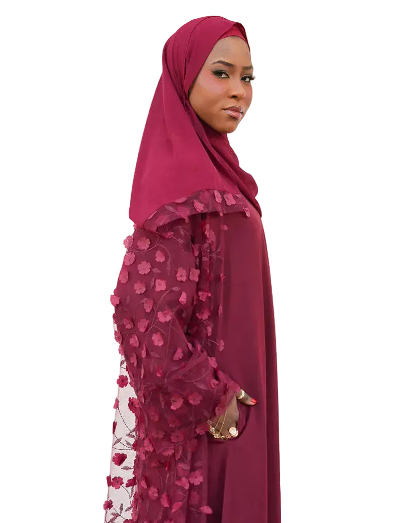 DEENA Premium Floral Applique Open Abaya Set - Maroon