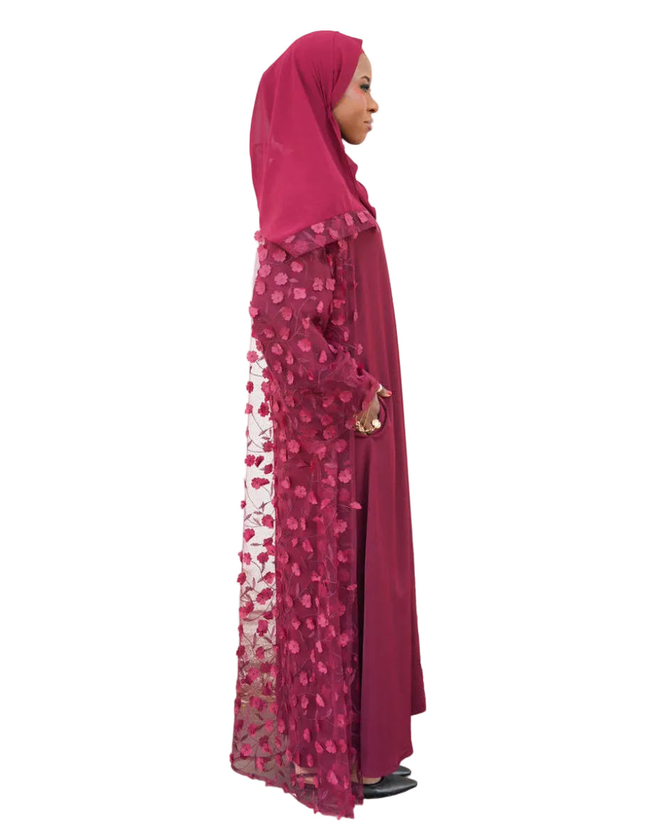 DEENA Premium Floral Applique Open Abaya Set - Maroon
