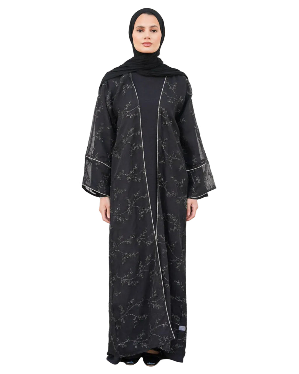 WARDA Premium Embellished Open Abaya Set - Black
