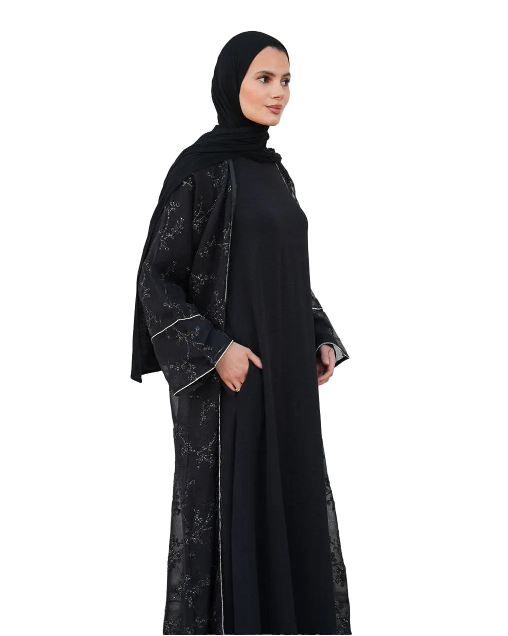 WARDA Premium Embellished Open Abaya Set - Black
