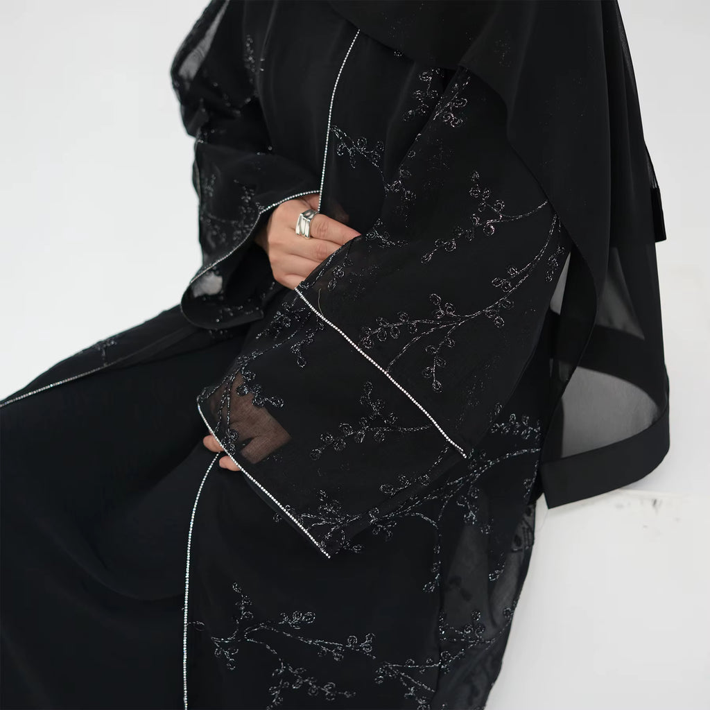 WARDA Premium Embellished Open Abaya Set - Black