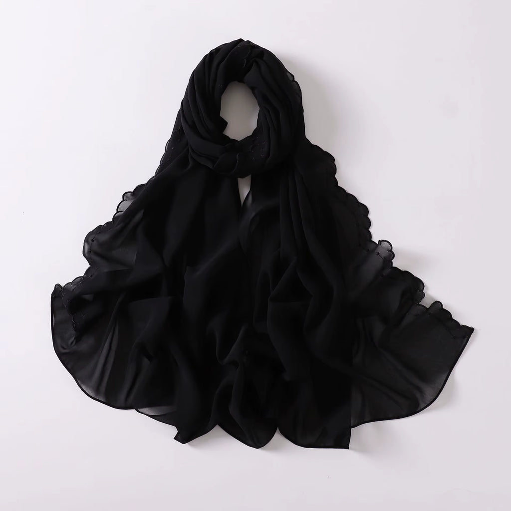 LEYA Premium Chiffon Scalloped Hijab and Undercap Set - Black