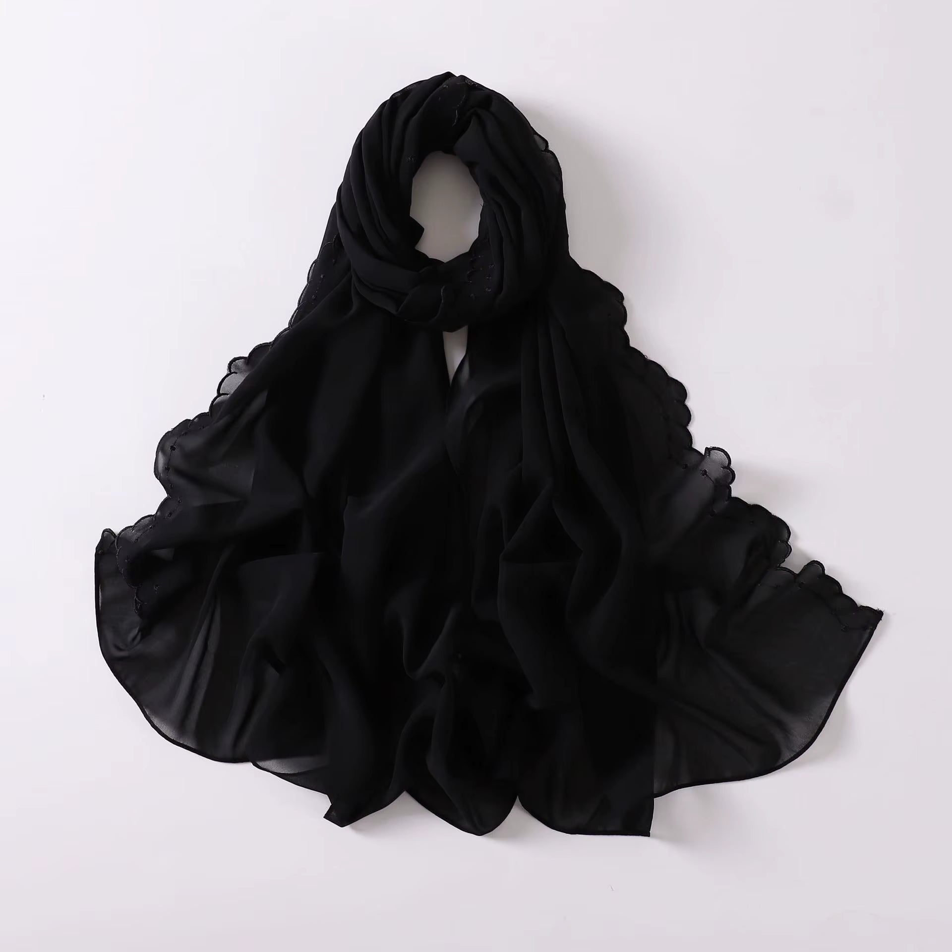 LEYA Premium Chiffon Scalloped Hijab and Undercap Set - Black