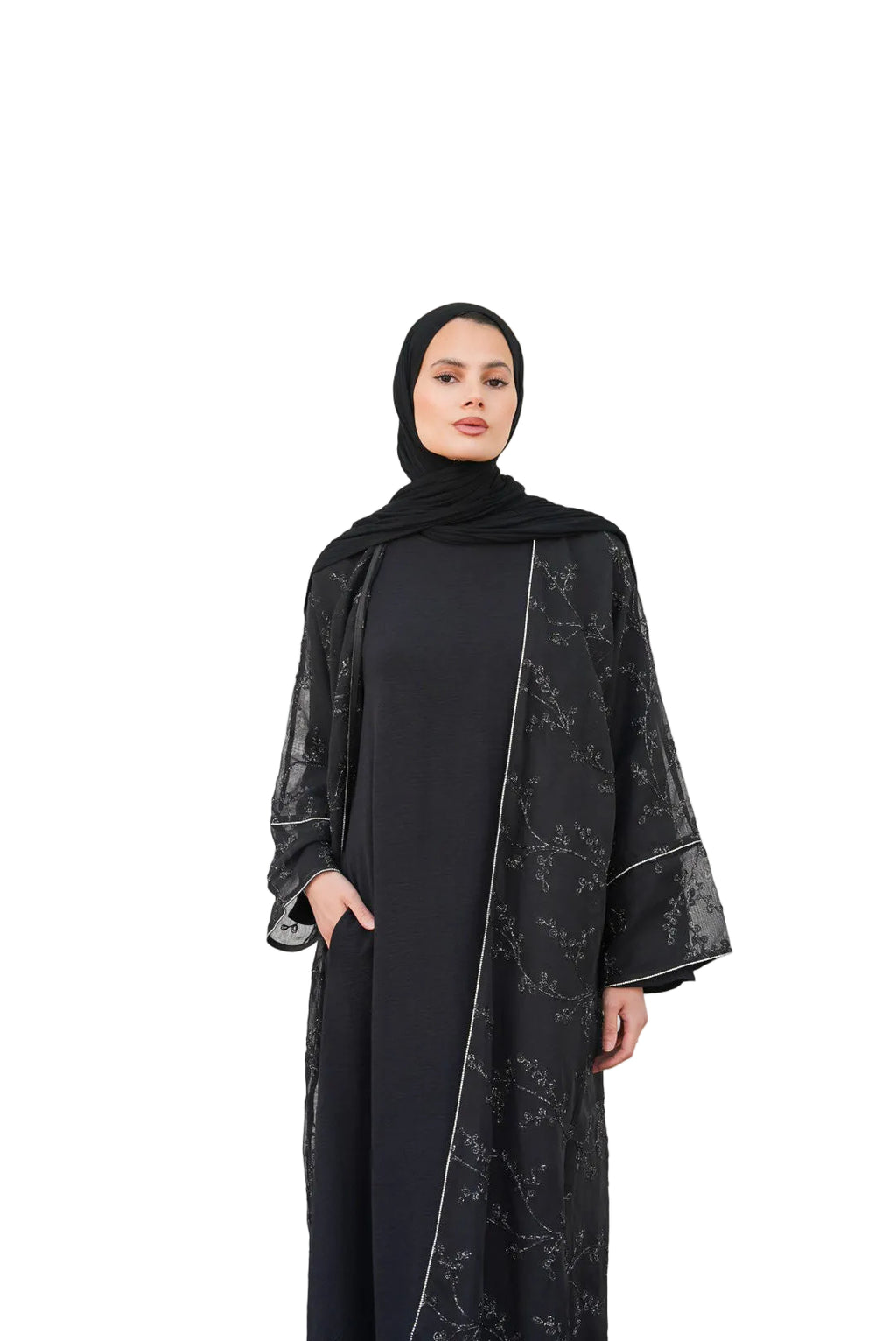 WARDA Premium Embellished Open Abaya Set - Black