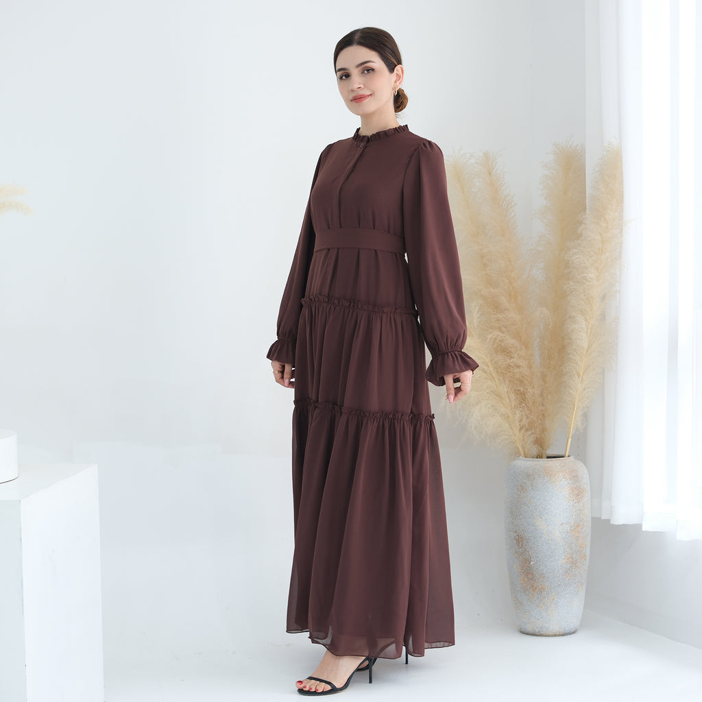 LAYLA Premium Chiffon High-Neck Fully Lined tiered maxi dress - Brown