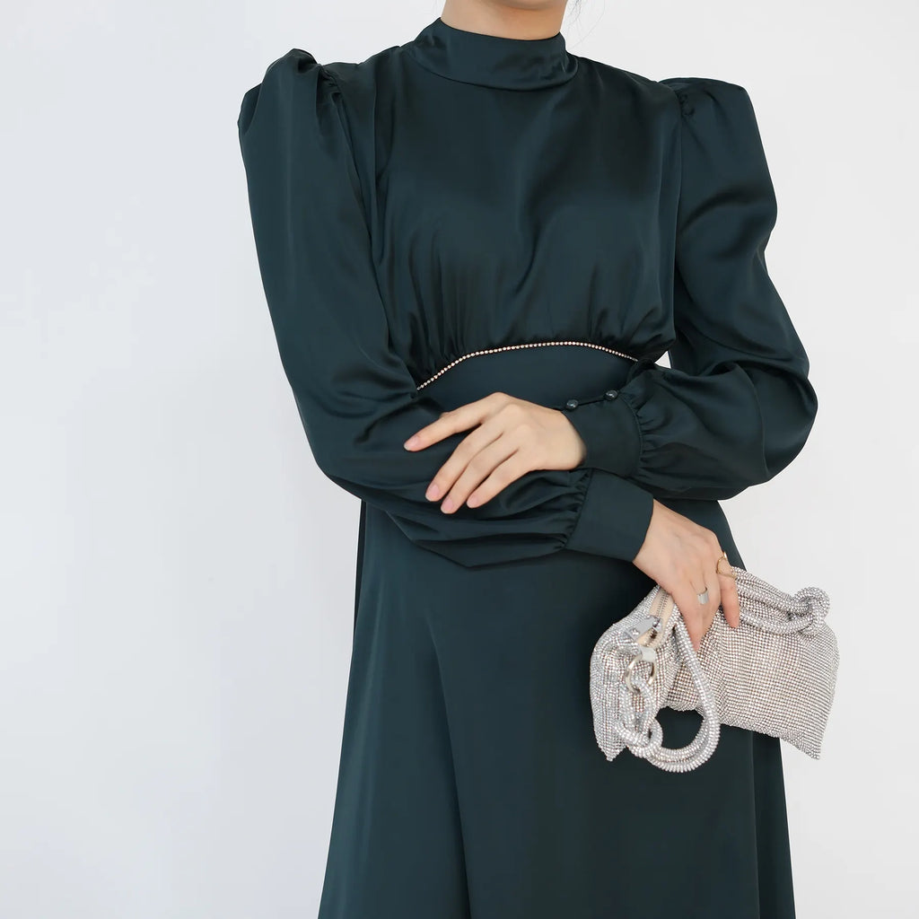 LIMITED EDITION - LUJAIN Premium Satin High-Neck Embellished Waist Evening Dress - Emerald